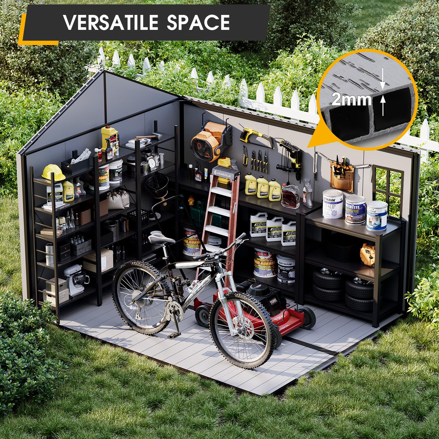 MELLCOM 8 x 10 FT Resin Outdoor Storage Shed with Floor, Outdoor Storage Tool Shed with Windows and Lockable Door, Resin Garden Shed for Lawnmower, Bike, Pool Supply - 4