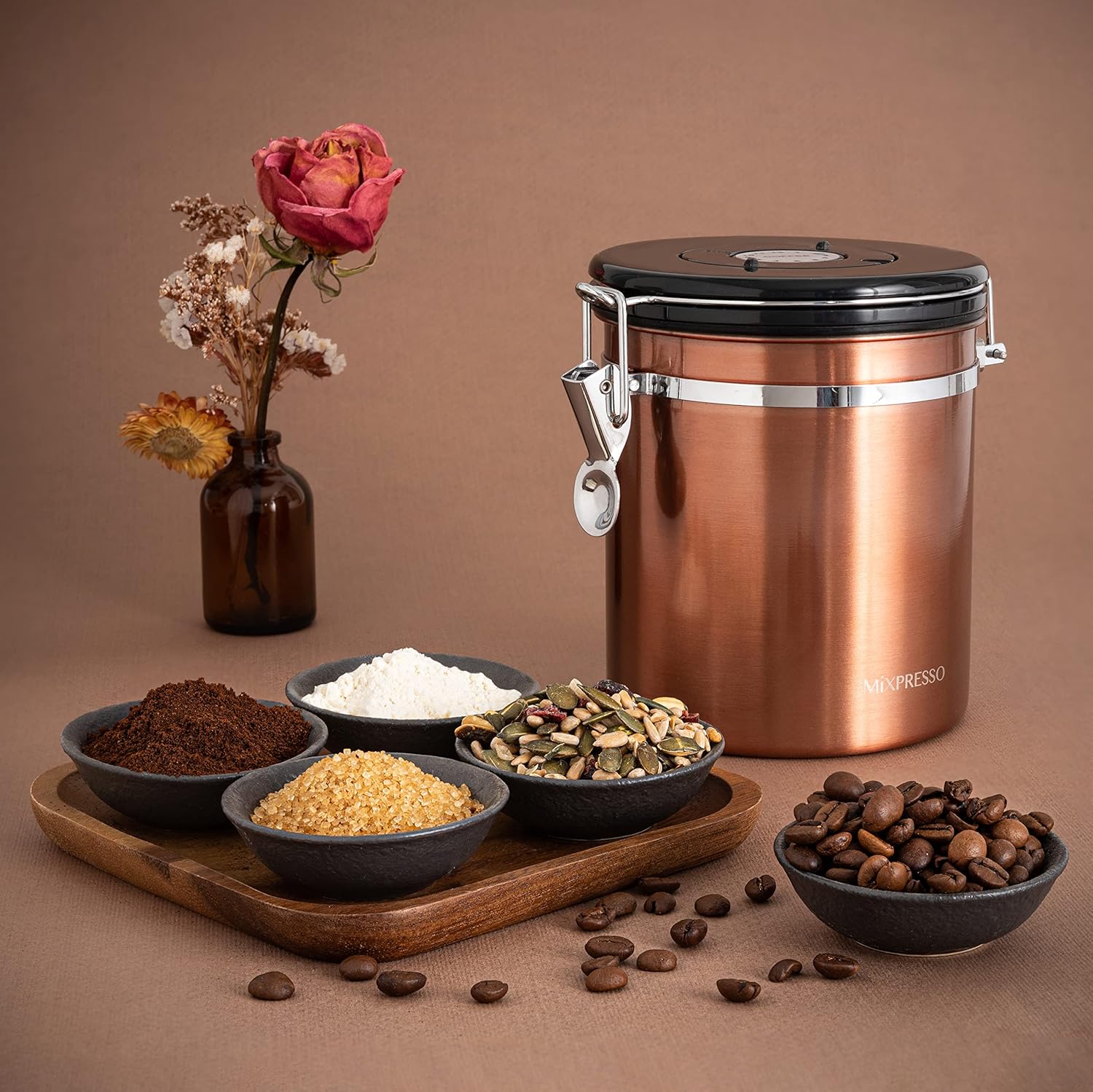 Mixpresso Bronze Stainless Steel Airtight Coffee Container with Date Tracker For Coffee & Tea, Coffee Jar 16 Ounces Bundle With Aluminum Moka Stove Coffee Maker, Black Espresso Maker Stovetop, Excelle