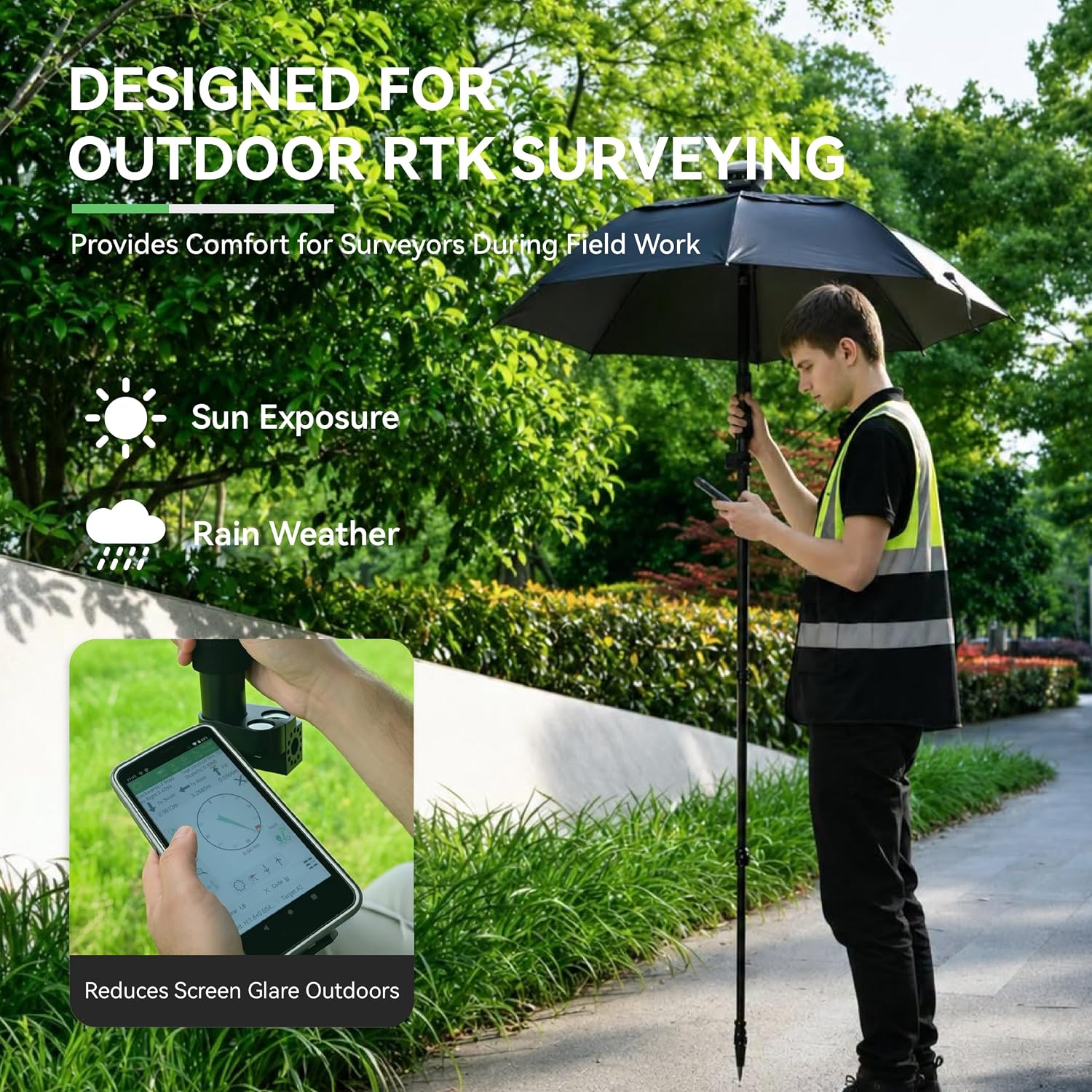 RTK Surveying Umbrella, GNSS Receiver Sunshade & Rain Protection for Outdoor Surveying, 5/8"-11 Standard Mount Compatible with RTK Receivers and Survey Poles, PP Material, 0.50kg Lightweight Design
