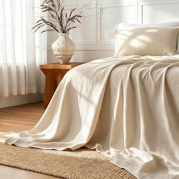 Linen Sheets King Size, Washed Cotton Linen Bed Sheets, Undyed Natural Fibers, Breathable and Moisture-Wicking for Hot Sleepers, 18" Deep Pocket, 3 Piece