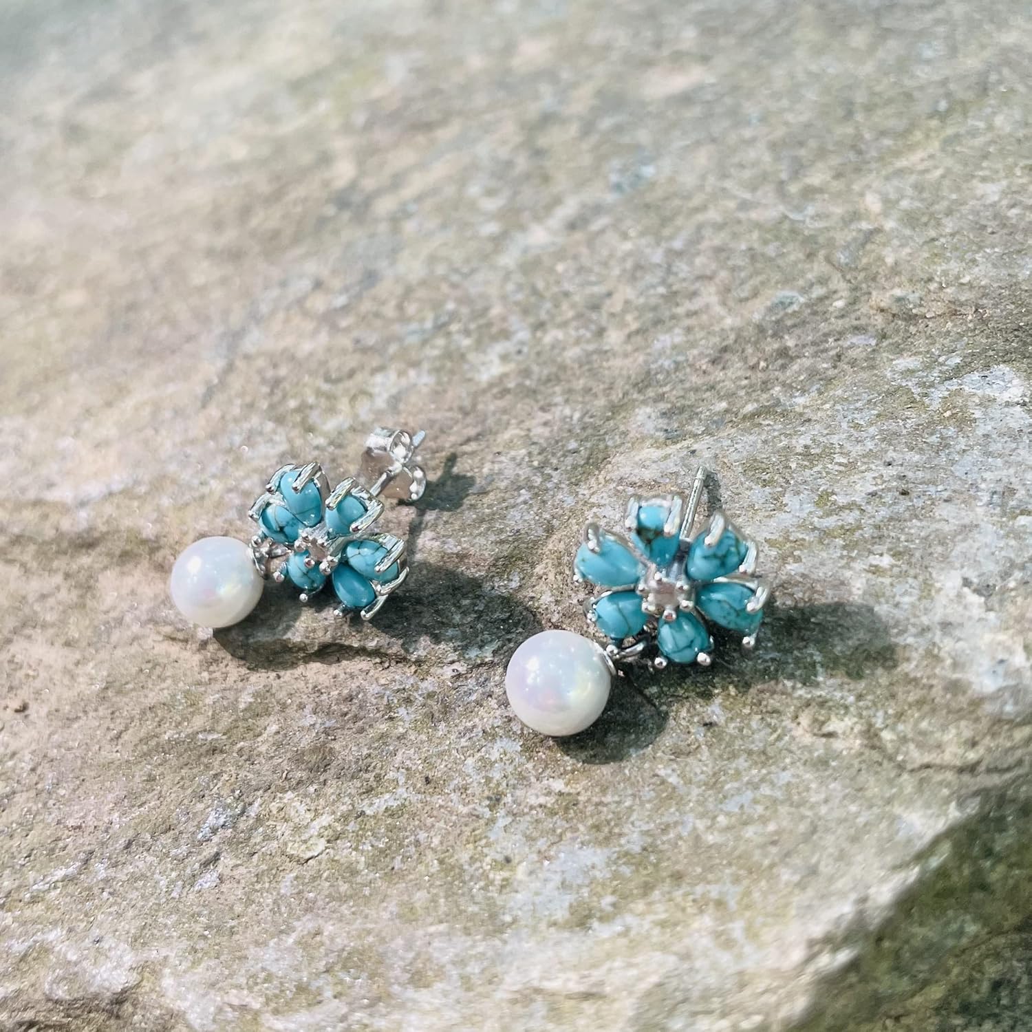 Daisy Turquoise Dangle Earrings with Pearl, 925 Sterling Silver Dainty Delicate Earrings Jewelry Gift for Women