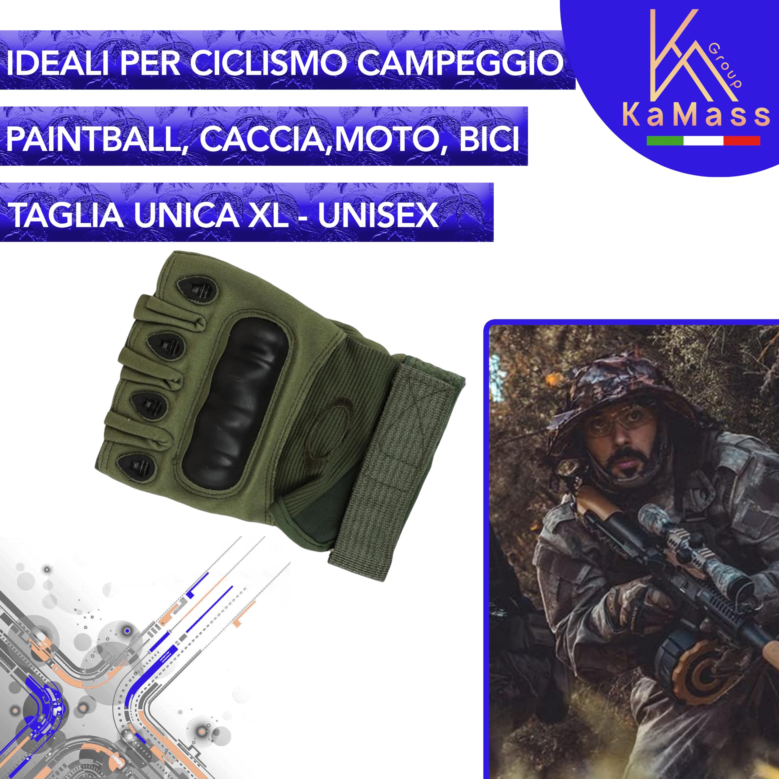 Kamass Guanti PAINTBALL tattici militari Unisex mezze dita per outdoor con protezione nocche MTB Leggeri Antivento e Antitaglio