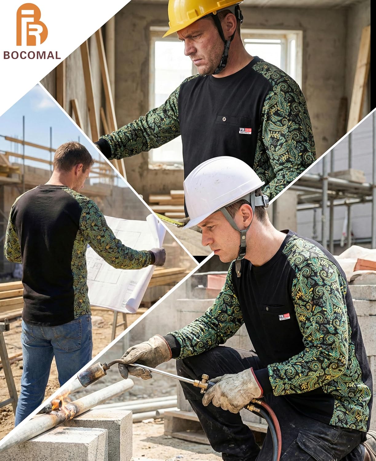 BOCOMAL FR Shirts Crewneck 5.5oz Lightweight Cotton Paisley Two-Tone Flame Resistant Long Sleeve CAT2 Work Shirt - Image 2
