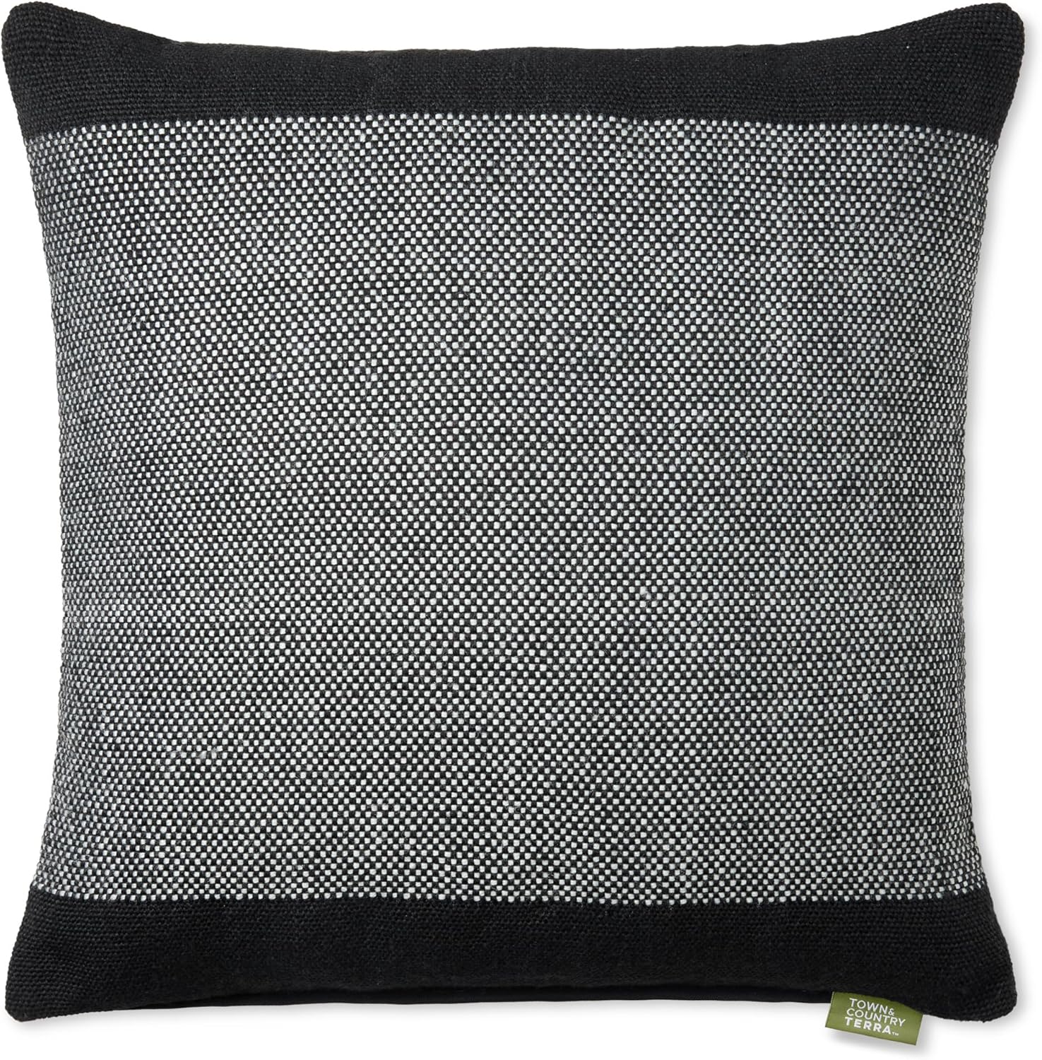 TOWN & COUNTRY TERRA Alara Solid Border Handcrafted Indoor Outdoor Decorative Pillow, 100% Recycled Materials, UV Fade Resistant, Water Repellent, Black/Ivory, 20"x20"
