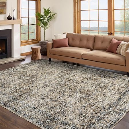 GarveeHome Extra Large Area Rug 10x13 Washable Bedroom Rug Non Slip Foldable Vintage Floral Print Throw Rug Thin Ultra Soft Distressed Carpet for Living Room Home Nursery, Brown