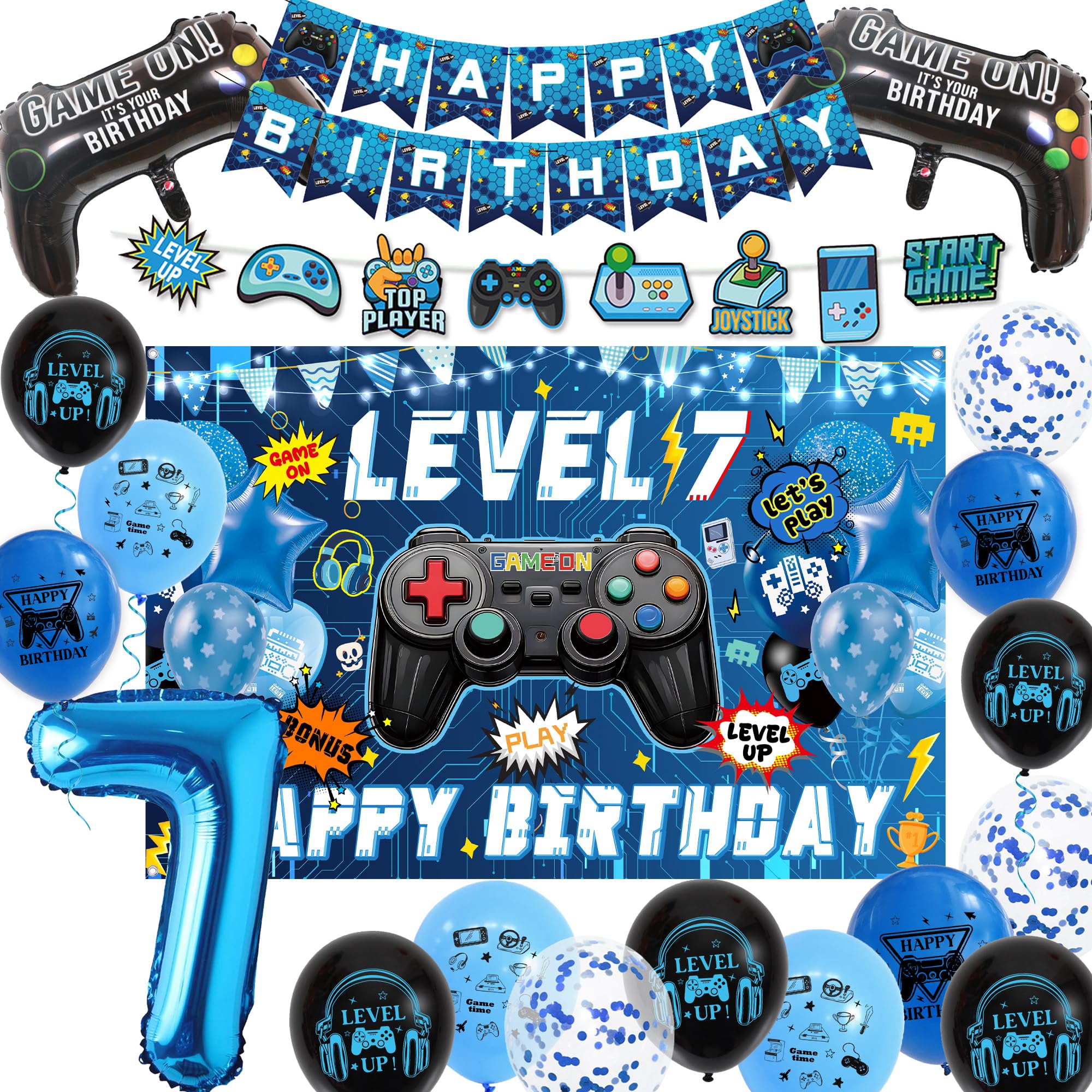 7th Birthday Decorations Banner Set - Blue Gaming Theme Balloons Kit with Hanging Swirls, Happy Birthday Backdrop Banners and Foil Balloons for Boys 7 Years Old Party Supplies — image 1