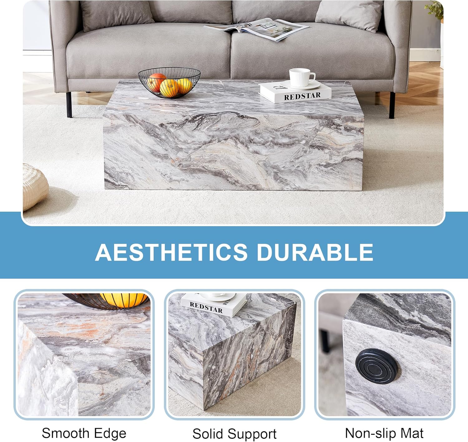 39.3" Rectangular Coffee Table, Modern Grey Marble Coffee Tables for Living Room, Faux Marble Wooden Center Table Accent Cocktail Tea Tables for Apartment Home Office, No Assembly