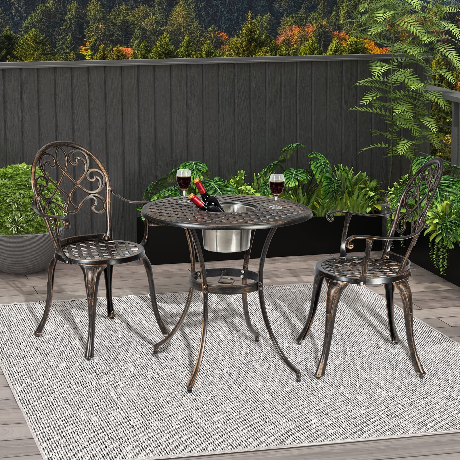 GOPLUS Ensemble de Bistrot 3 Pièces en Fonte d'Aluminium, Table Ronde avec Seau à Glace Amovible & 2 Chaises, Résistant aux Intempéries, Style Antique