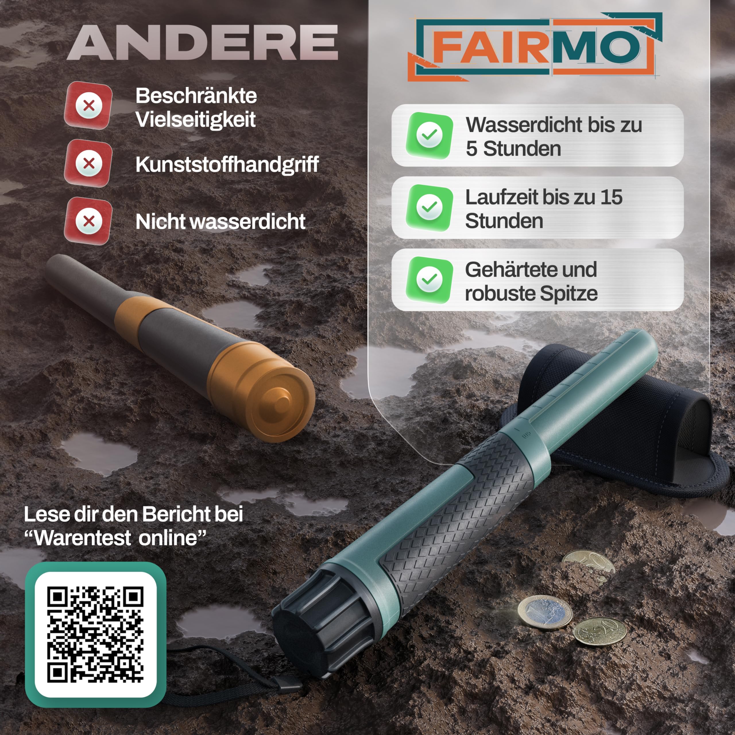 Der wasserdichte Pinpointer von FAIRMO - Metalldetektor Set Zum Suchen von Gold - Metallsucher inkl. LED Licht Unterwasser (wasserdicht) - Metallsuchgerät für Erwachsene und Kinder