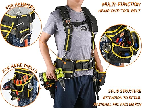 Miniatura 3 de OKF Juego de 6 piezas de cinturón de herramientas resistente con tirantes, almohadilla magnética y bolsa de herramientas de taladro manual para