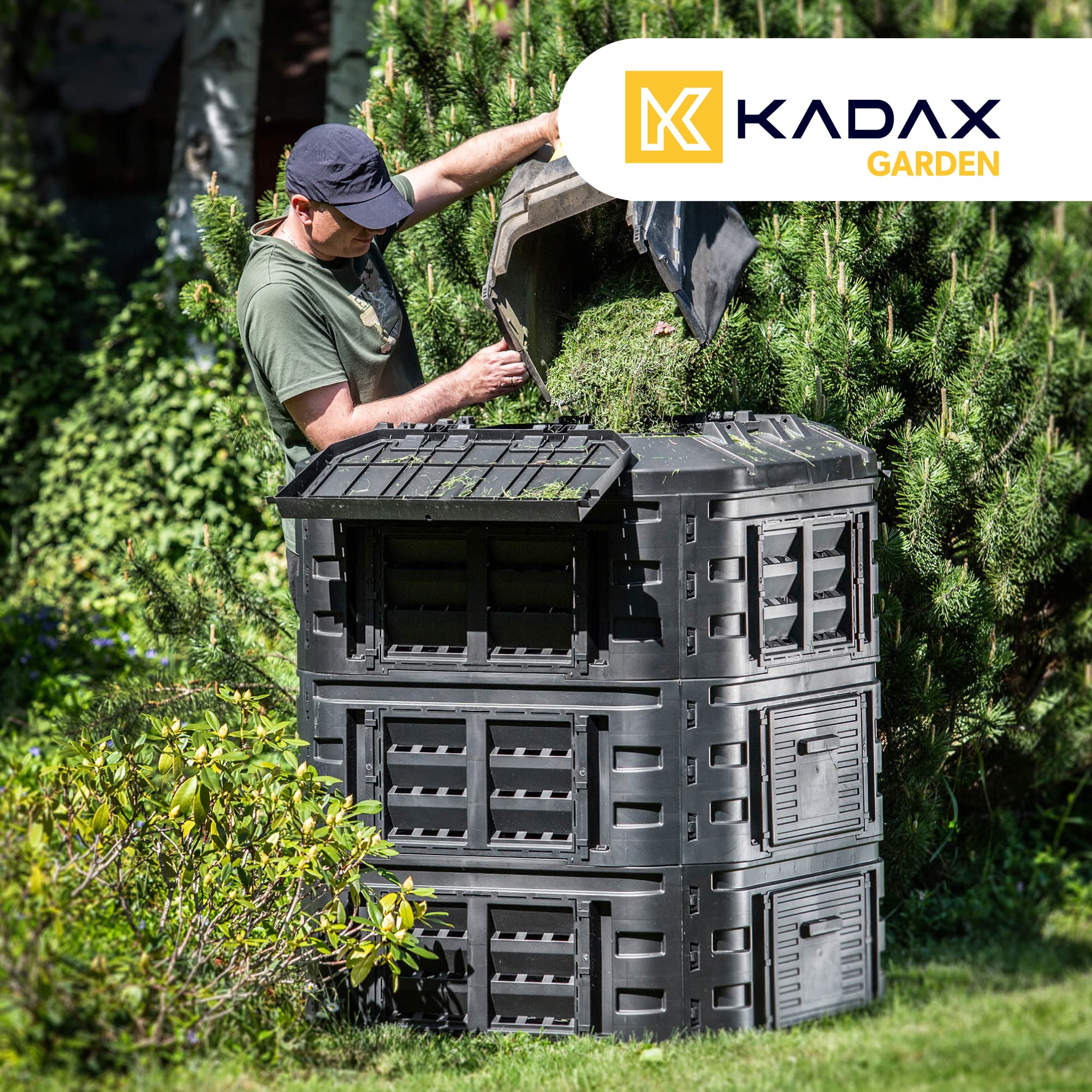 KADAX Modul-Kompostanlage, Schnellkomposter aus Kunststoff, Komposter mit Druckknöpfen, schwarzer Thermokomposter mit klappbarem Deckel (860L)