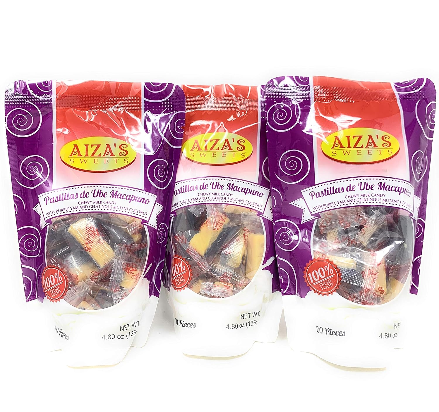 Aizas Sweets - Chewy Milk Candy, Imported from The Philippines (Ube Macapuno, 3 Pack)