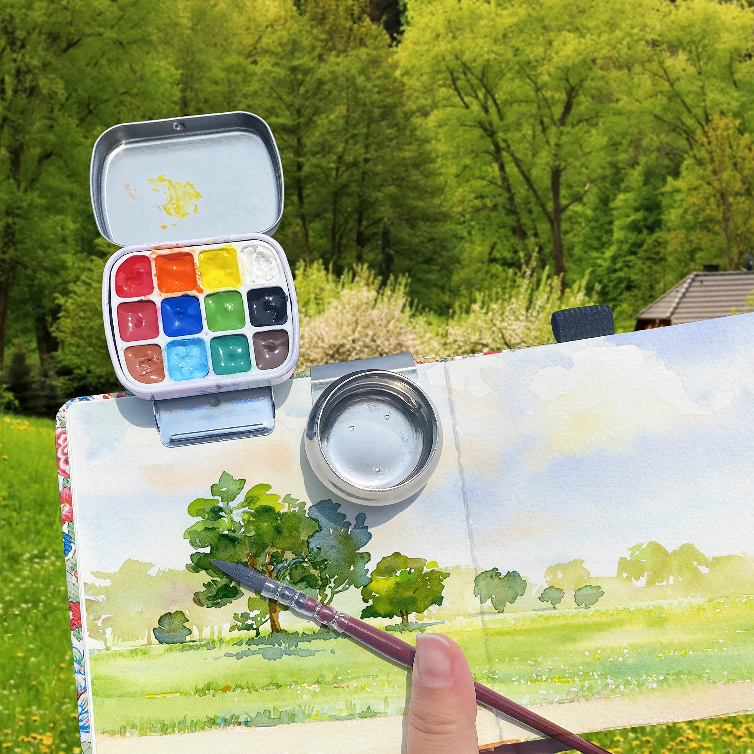 Mini Caja de Lata portátil, Paleta de Acuarela vacía de 12 pozos, pequeño Almacenamiento de Pintura, Kits de Acuarela para Artistas de Viaje al Aire Libre con Clip magnético y Olla de Aceite, Gato