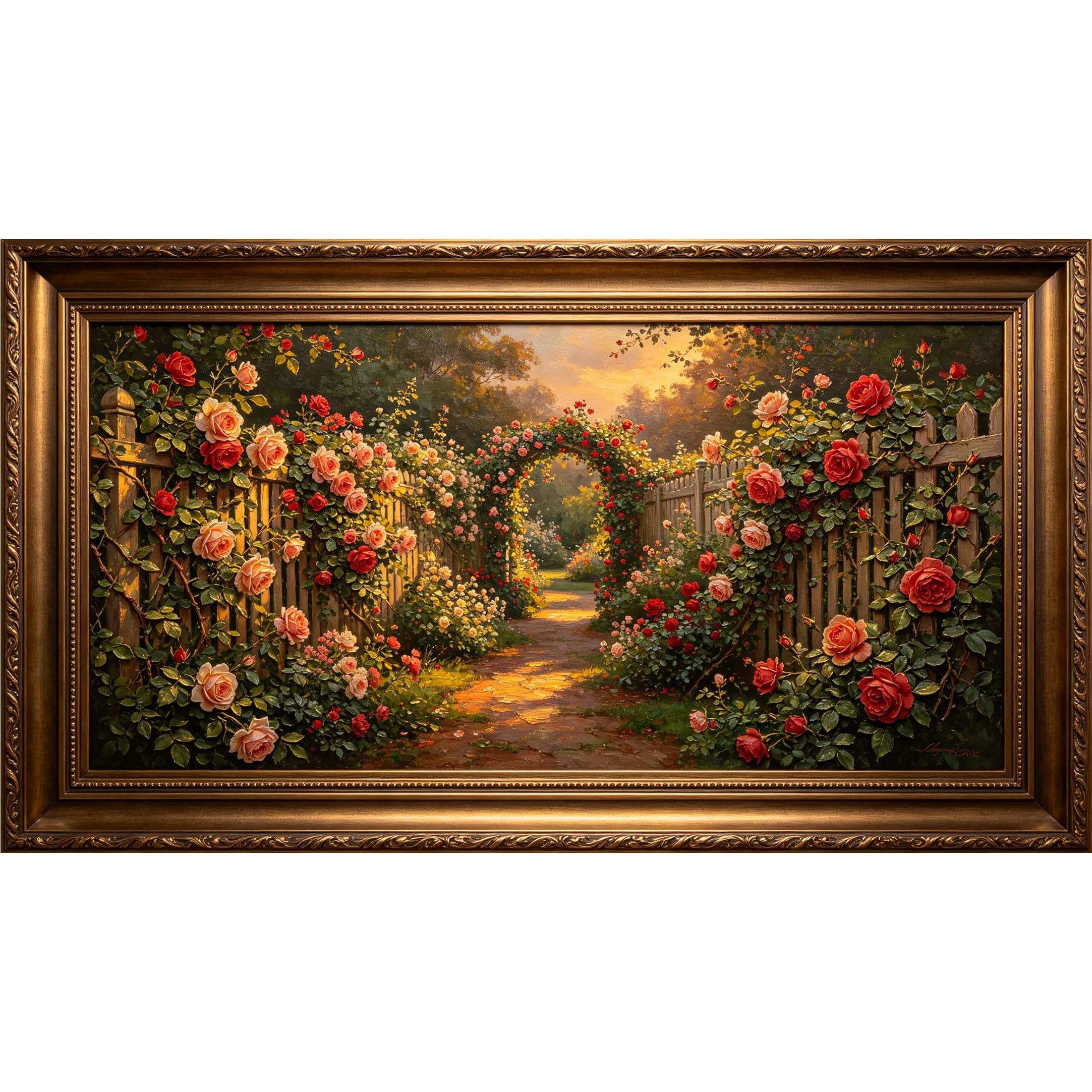 QZLITHOTIC 50×90cm3D Framed Wall Art， Romantic Rose Garden Path Oil Painting SelfAdhesive Mural， WaterActivated Peel & Stick Fabric Decor Wall Decal for Bedroom Living Room