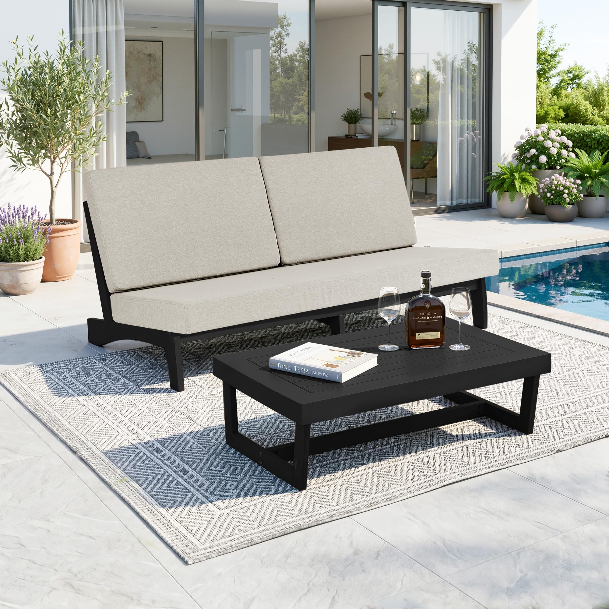 Pia Ricoo 2-Piece Patio Furniture Set, Outdoor Wood Sofa with Coffee Table, 4.5-Inch Thick Cushions, All-Weather Conversation Set for Backyard, Deck, Lawn - Light Camel/Drak