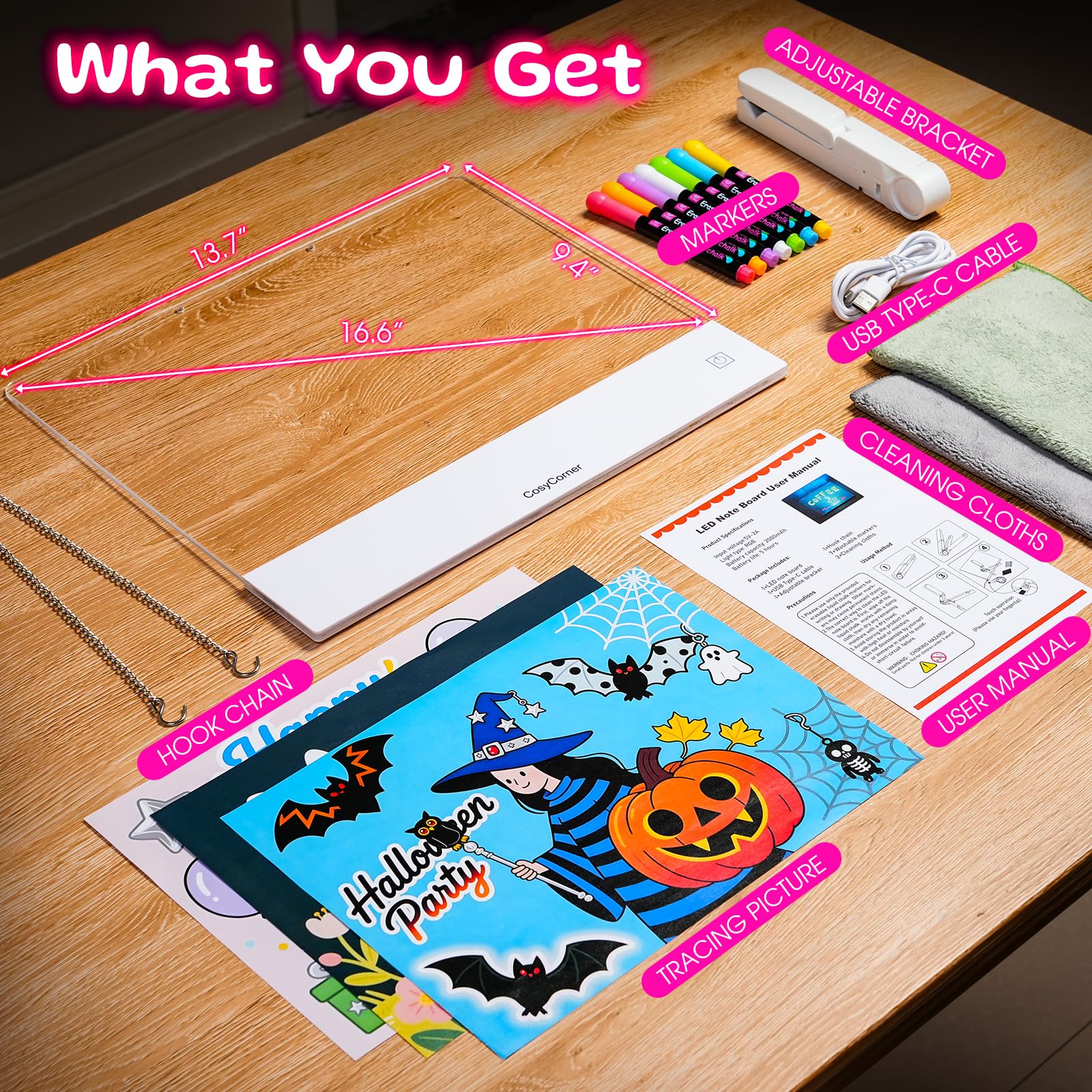 Lavagna da disegno a LED per bambini – Doodle Glow Note Board con colori | Lavagna ricaricabile in acrilico cancellabile a secco con luce e interruttore touch, batteria 5H, blocco di scrittura