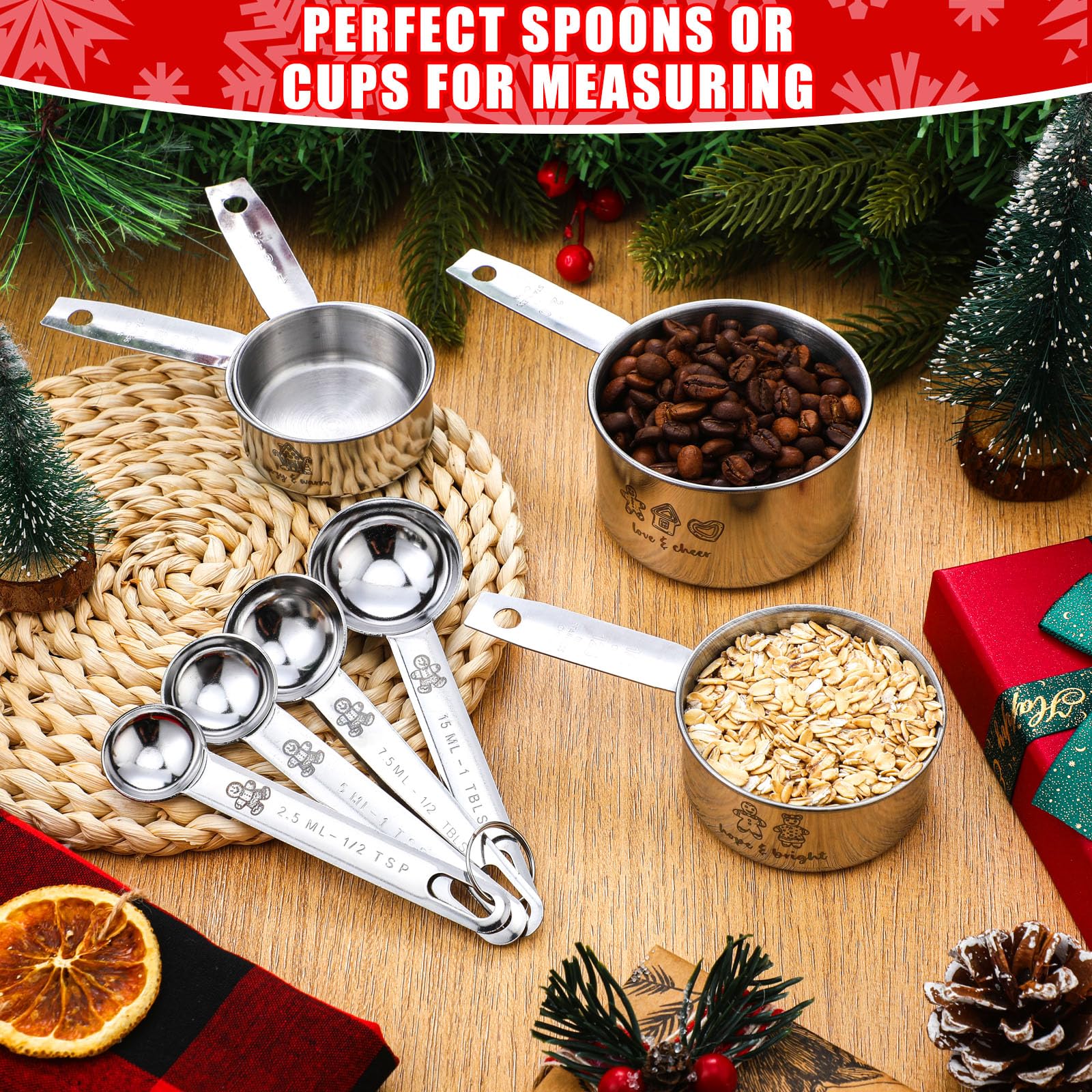 Nuogo 10-teiliges Weihnachtsmessbecher- und Löffel-Set, Weihnachtsgeschenkbox, enthält 4 Edelstahl-Messbecher, 4 Messlöffel und 1 rotes und schwarzes kariertes Handtuch, Weihnachtsgeschenk für Frauen