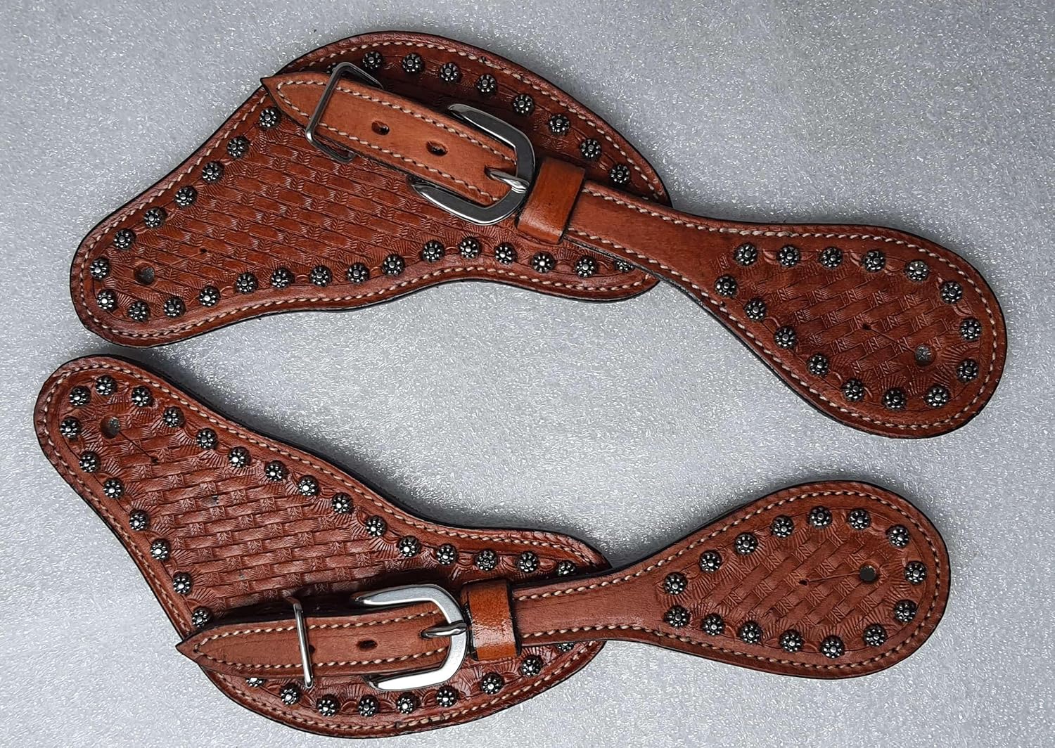 Showmen Craft Adults Tooled Leather Spur Straps w/Silver Studs Hardware and Buckle New Horse TACK