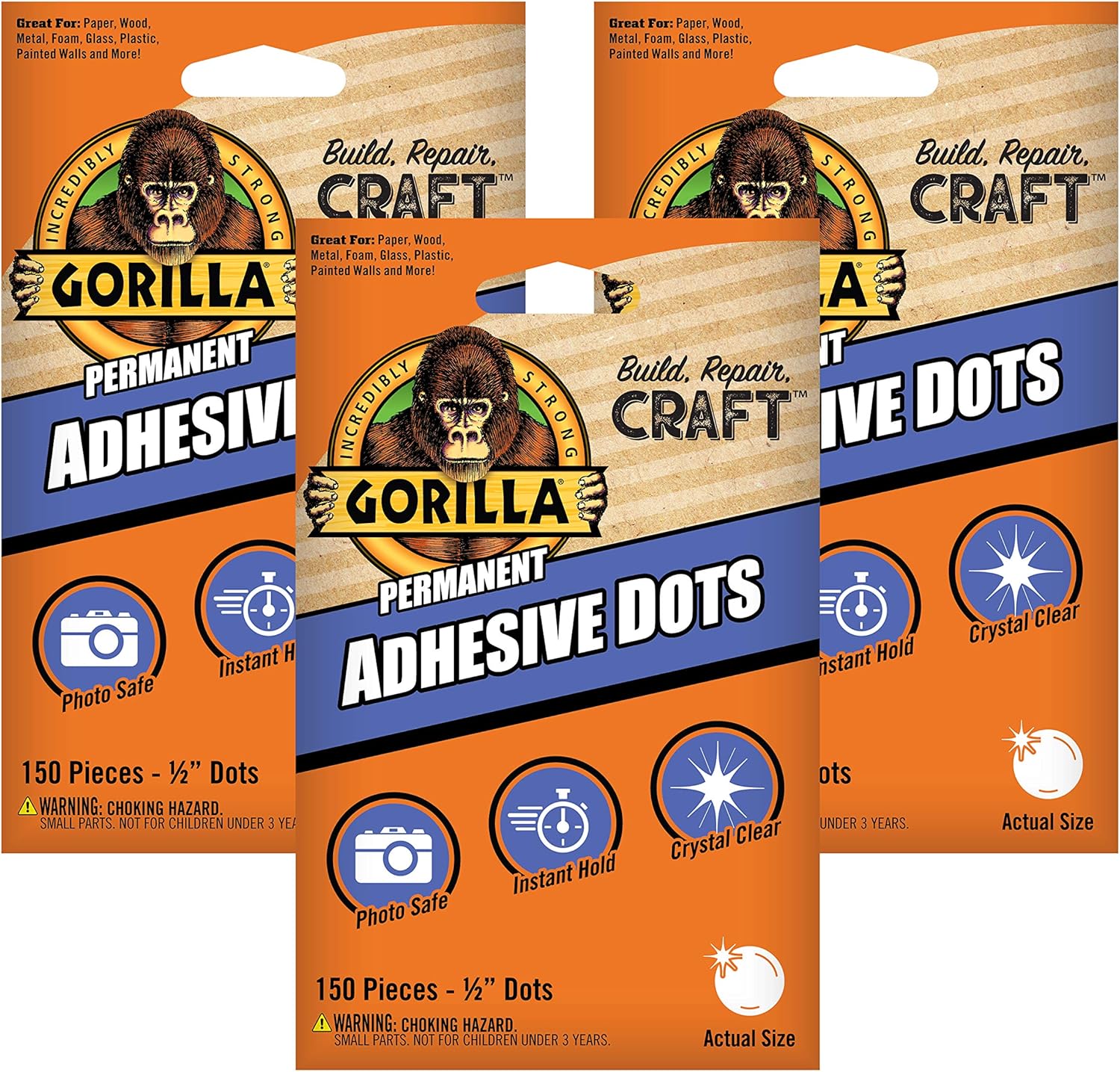 Gorilla Permanent Adhesive Dots, DoubleSided, 150 Pieces, 0.5