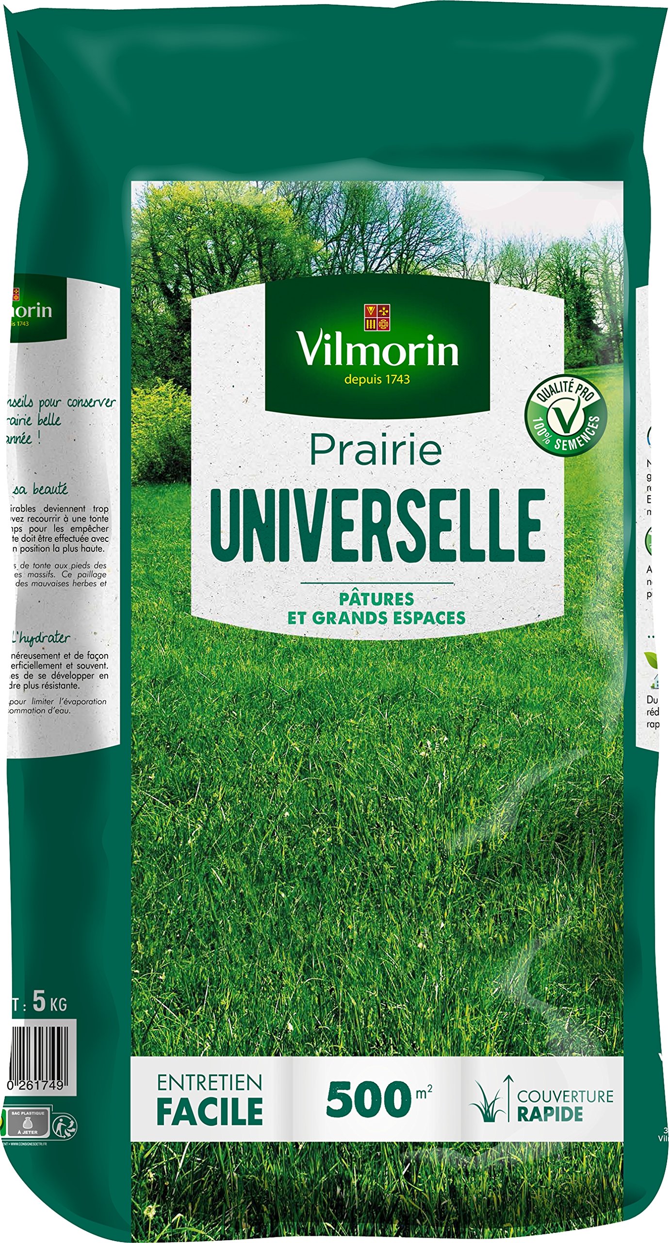 VILMORIN - Prairie Universelle - Pour pâtures et grands espaces - Entretien facile - Couverture rapide - 5 Kg = 500 m² de Prairie & 5867607 Pack de Graines Mélange de Fleurs Coin des Papillons 7 m²