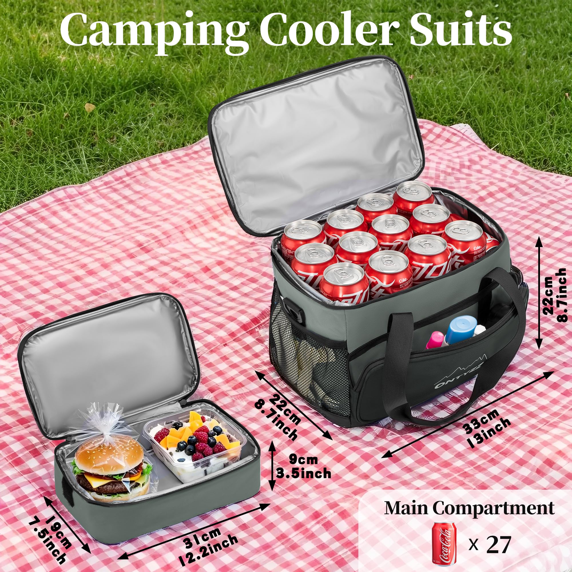 ONTYZZ Cooler Bag Suit 16L+5L Soft Cooler Bag Large Lunch Cooler for Picnic, Beach, Work, Road Trip, Grey