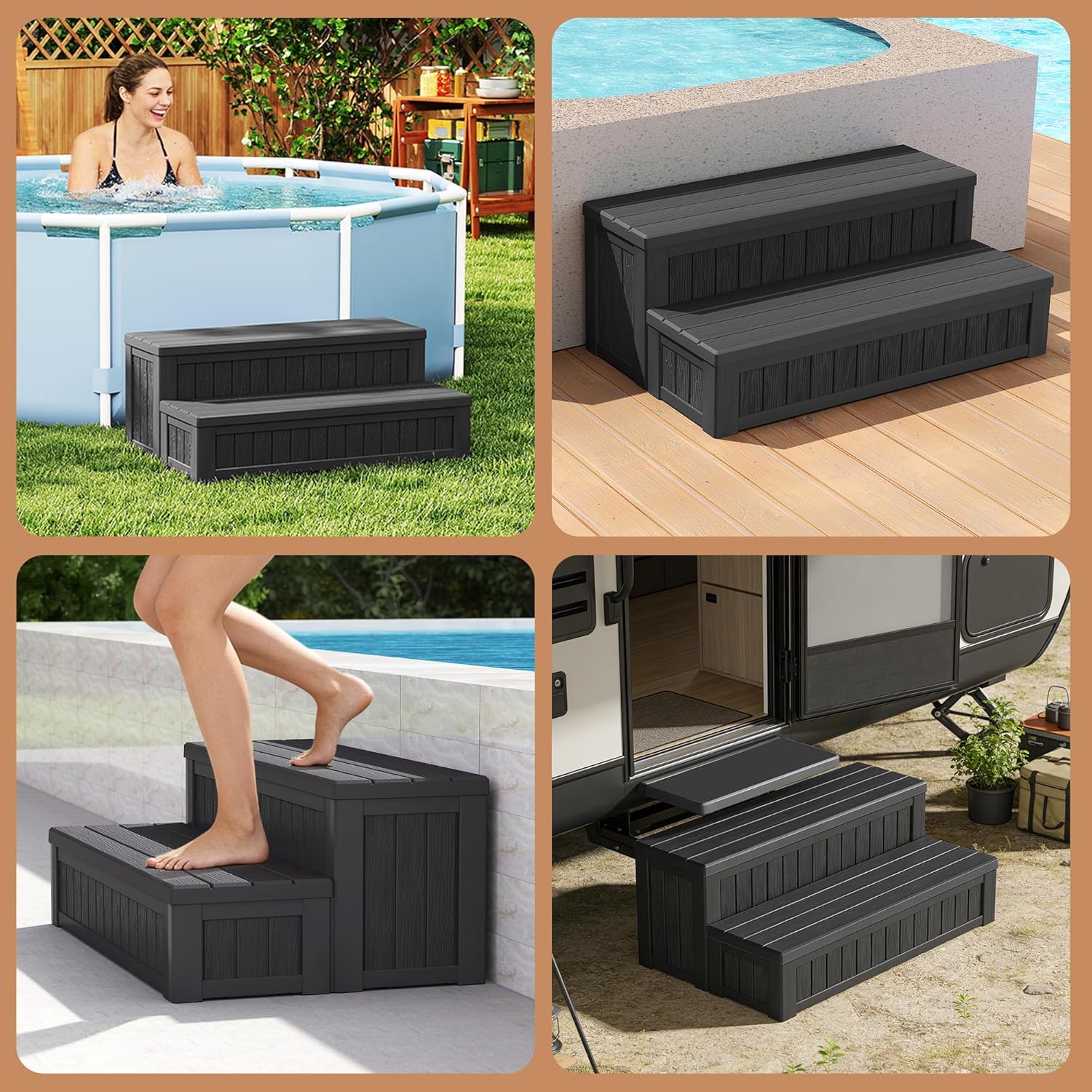 Plastic Hot Tub Steps with Storage, Spa Steps Outdoor Stairs, 36.6 Inches Long - Non-Slip All Weather Top & Feet, 32 Gallon Capacity, Waterproof for Porch/RV/Deck, Sturdy Plastic Frame, Black