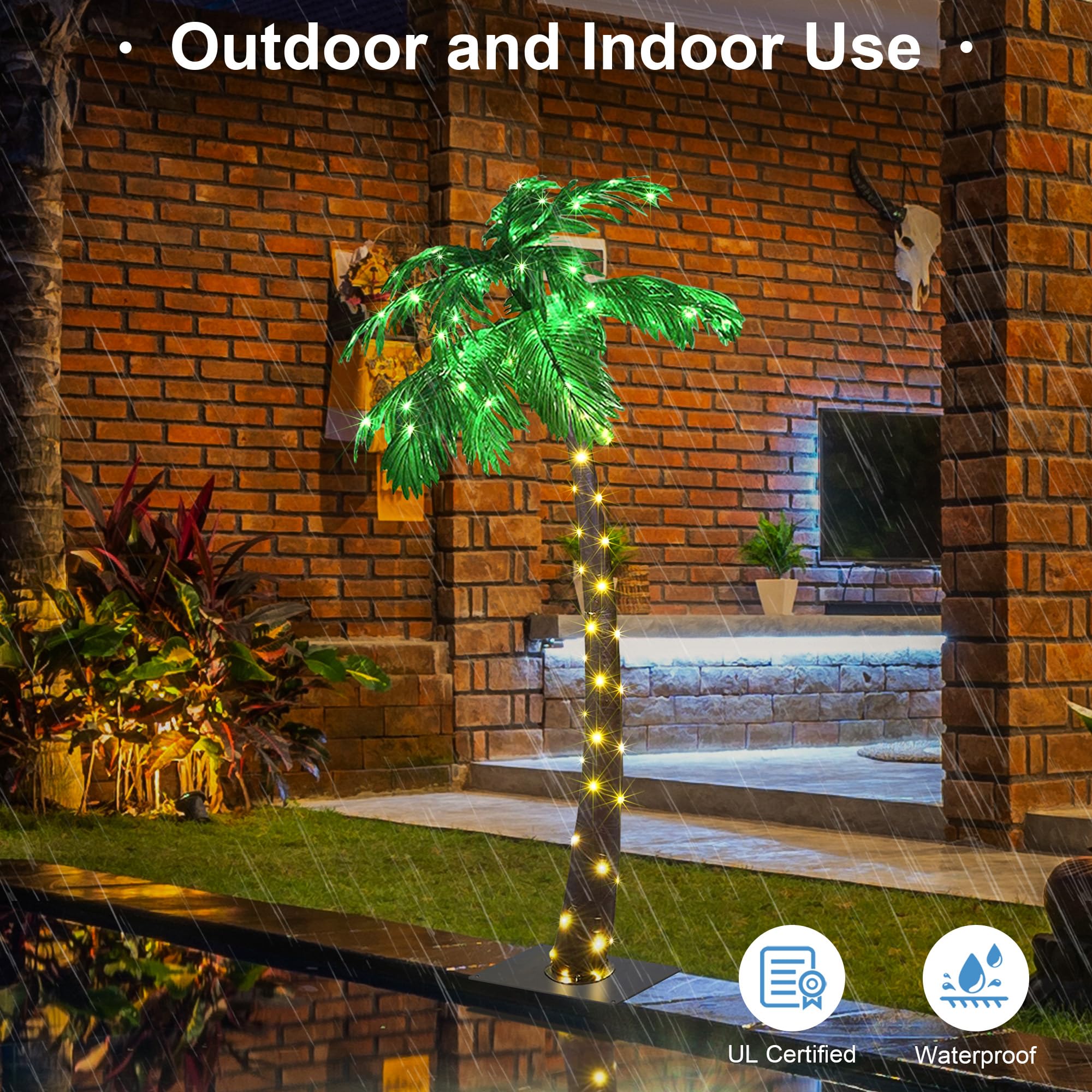 Solar Lighted Palm Tree 5FT Artificial Palm Decor for Outdoor 96 LED Light up Fake Tree for Indoor Outside Patio Hawaiian Tiki Bar Decoration