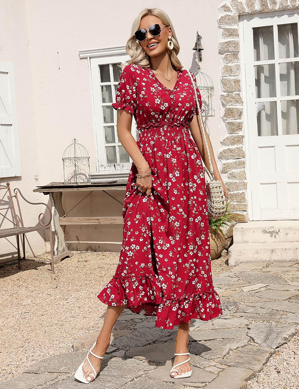 MISSKY Casual V Neck Boho Floral Print Wedding Guest Maxi Dresses for Women Bohemian Flowy Maxi Dress - Image 5
