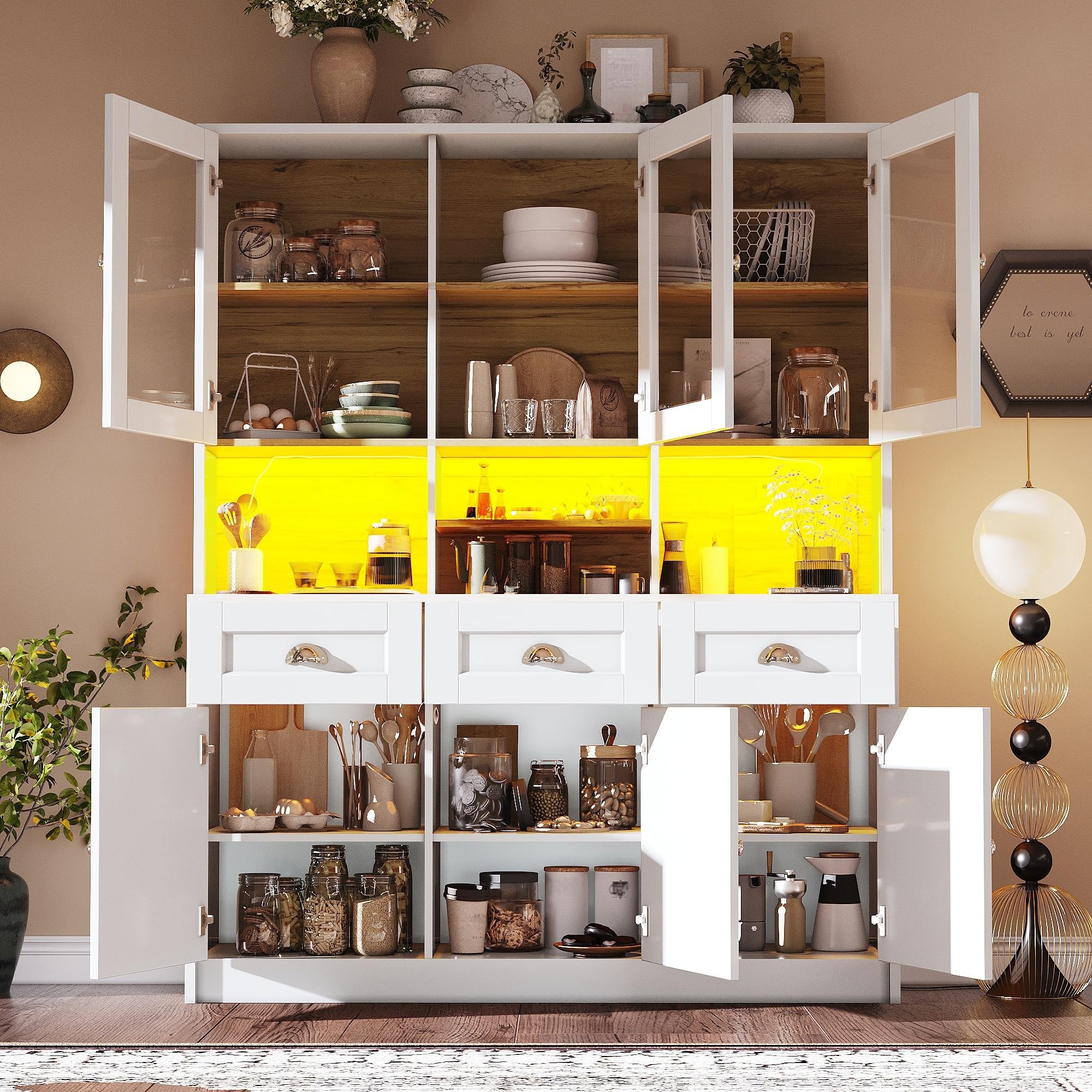 LAKFEW Armario Cocina con Iluminación LED y Dispositivo Antivuelco, Alacena de Cocina con 6 Puertas y 3 Cajones, Aparador, Armario Despensa Cocina con Estante Ajustable, 140x40x175 cm, Blanco