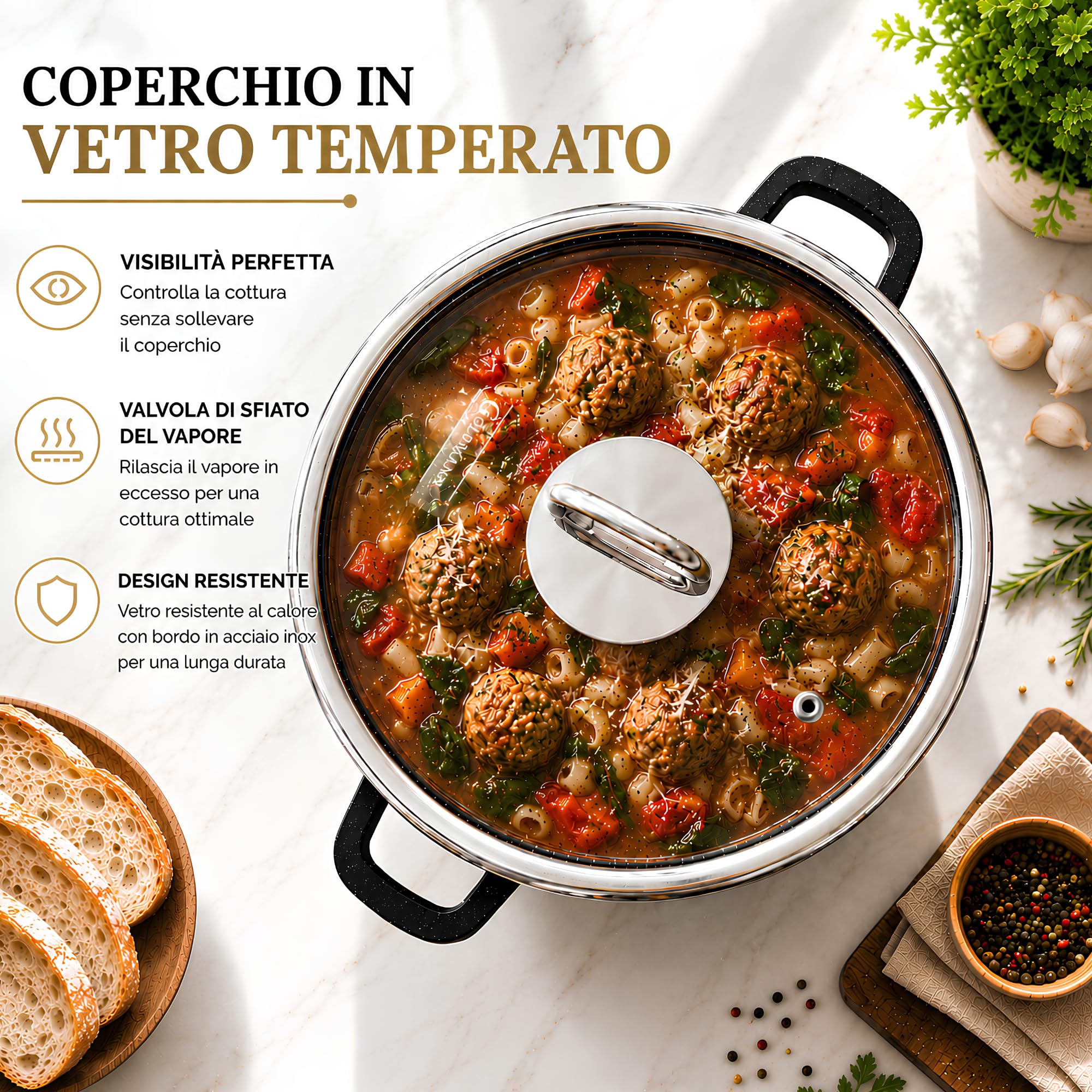 GOLDMANN pentola alluminio pressofuso da 28 cm e 10 L con rivestimento antiaderente in ceramica effetto marmo, coperchio in vetro, adatta a piani cottura a induzione e forno, senza PFOA.