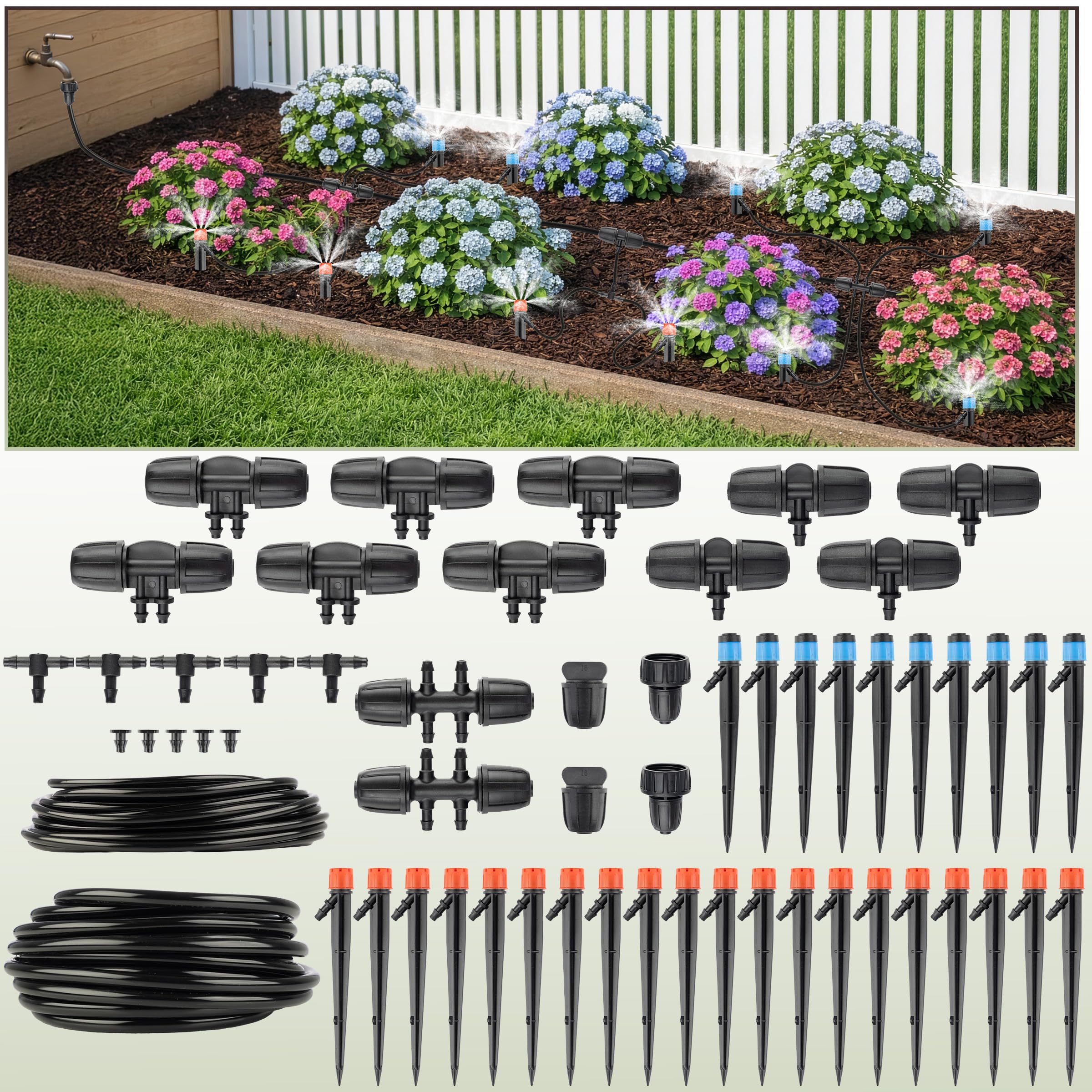 Sistema de riego por goteo ajustable de 100 pies para jardín, invernadero o camas elevadas con aspersores para patio, emisores de riego por goteo, tubo de 1/4 pulgadas y manguera de 5/16 pulgadas