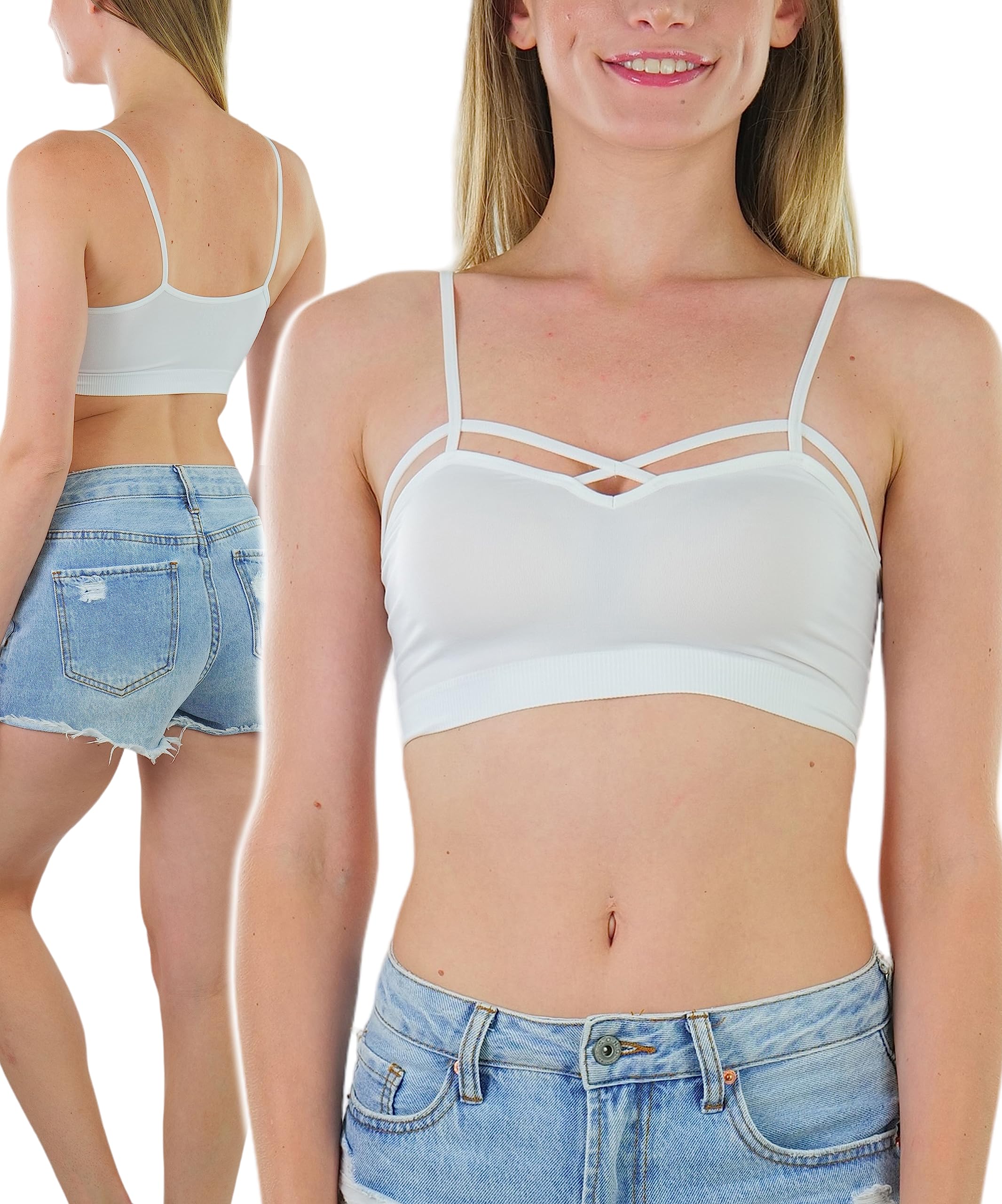 ToBeInStyle Women's Seamless Spaghetti Strap Cami Sports Bra - White