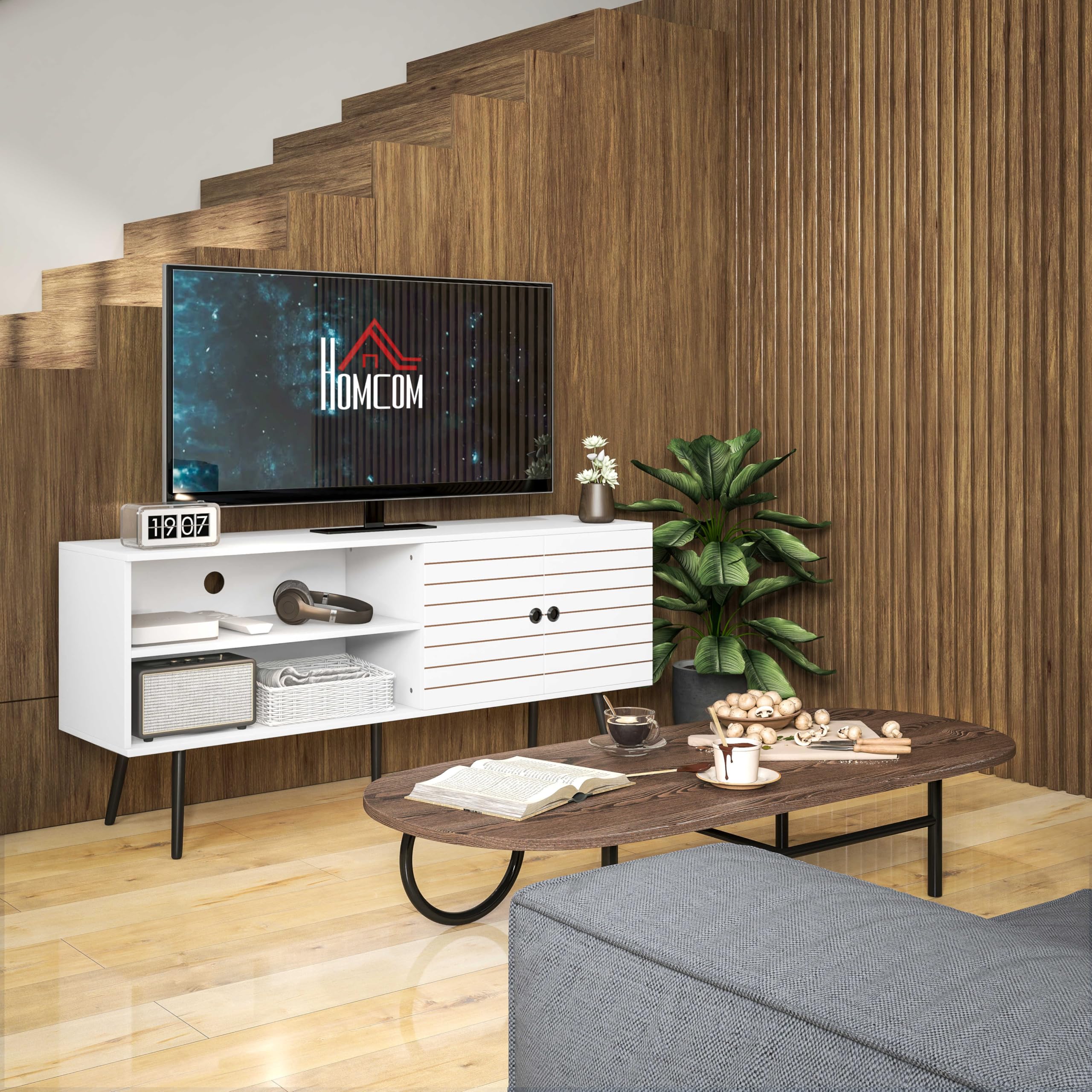 HOMCOM Mueble de TV para Televisores de 65 Pulgadas 145x38x65 cm Blanco | para Salón, Mesa para Televisores, Mueble para TV Moderno, 2 Estantes Abiertos, 1 Estante Ajustable, 55 Pulgadas