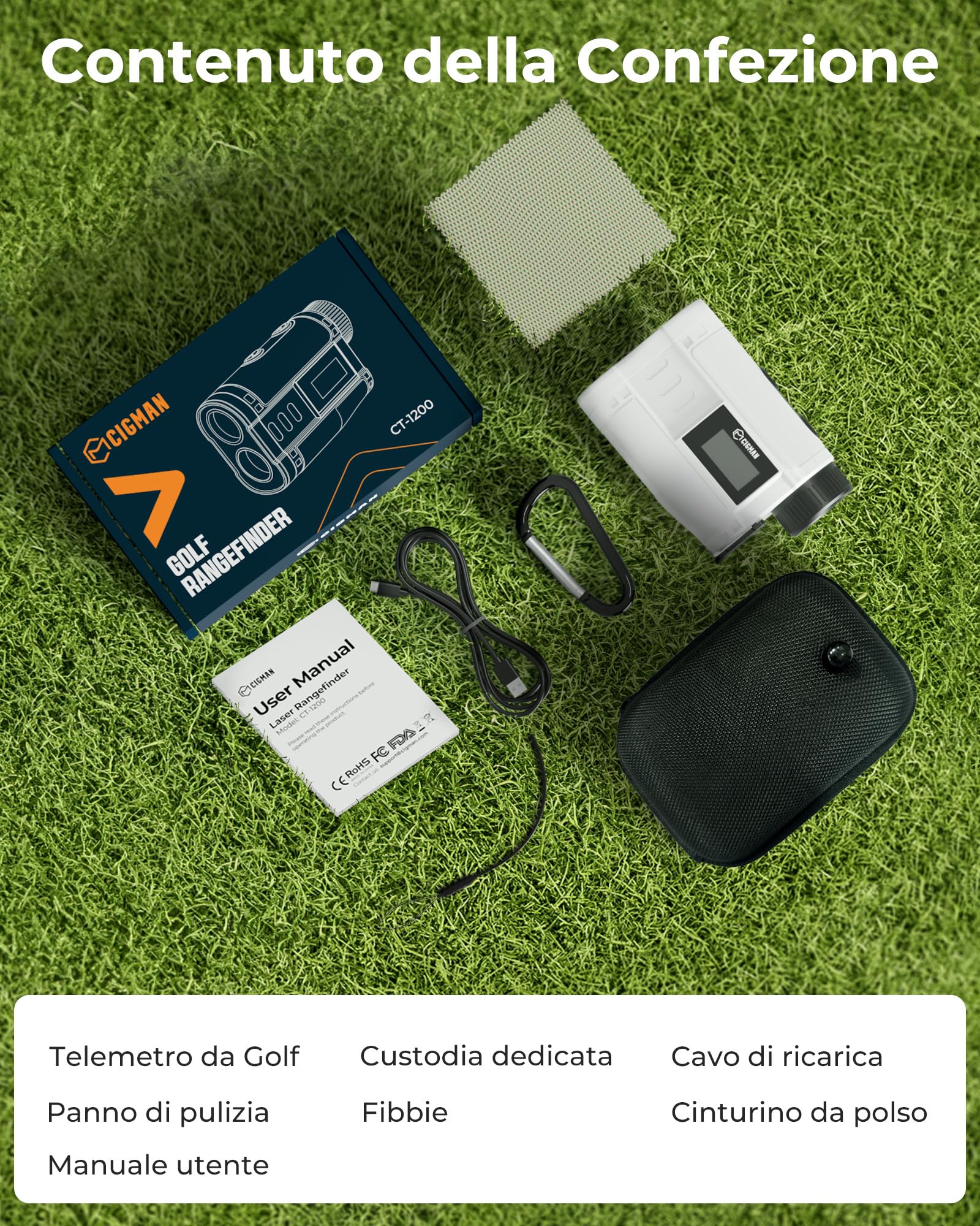 CIGMAN Telemetro Golf/Caccia Da 1200M con Display LCD Telemetri da Golf, con Pendenza,Ricaricabile via USB,Bloccaggio Degli Alberi Bandiera, Funzione magnetica inclusa, Accessori da golf