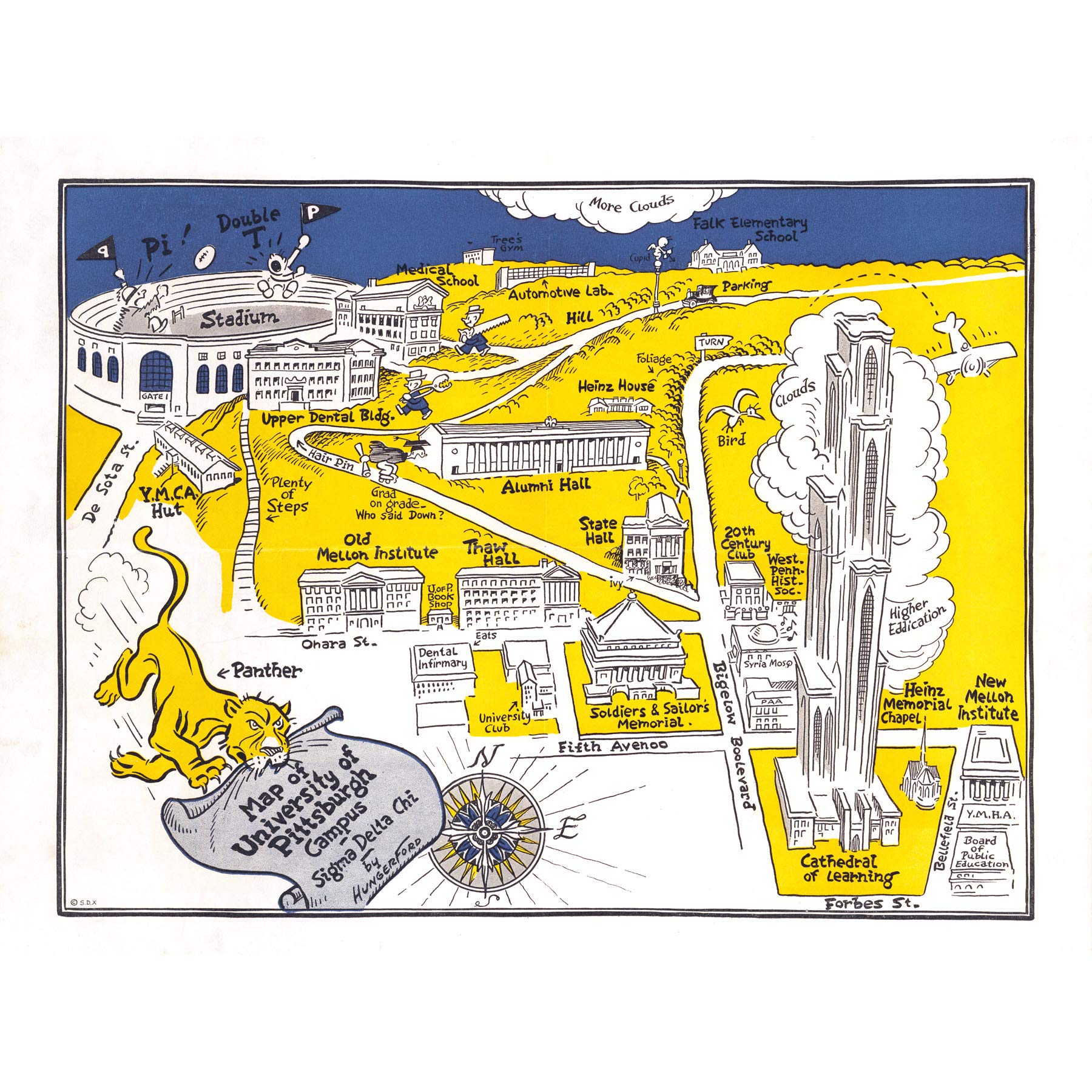 Artery8 Map Hungerford 1935 University Pittsburgh Pictorial Large XL Wall Art Canvas Print