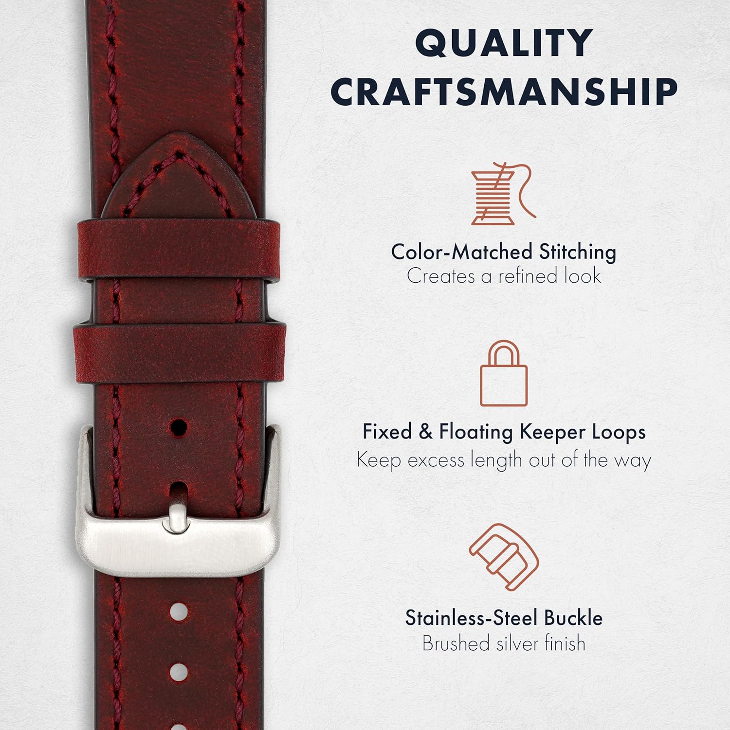 Benchmark Leather Watch Band - Crazy Horse Leather Watch Straps for Men & Women - Stainless-Steel Buckle & Quick Release Spring Bars - Choice of Color - 18mm, 20mm, or 22mm Widths