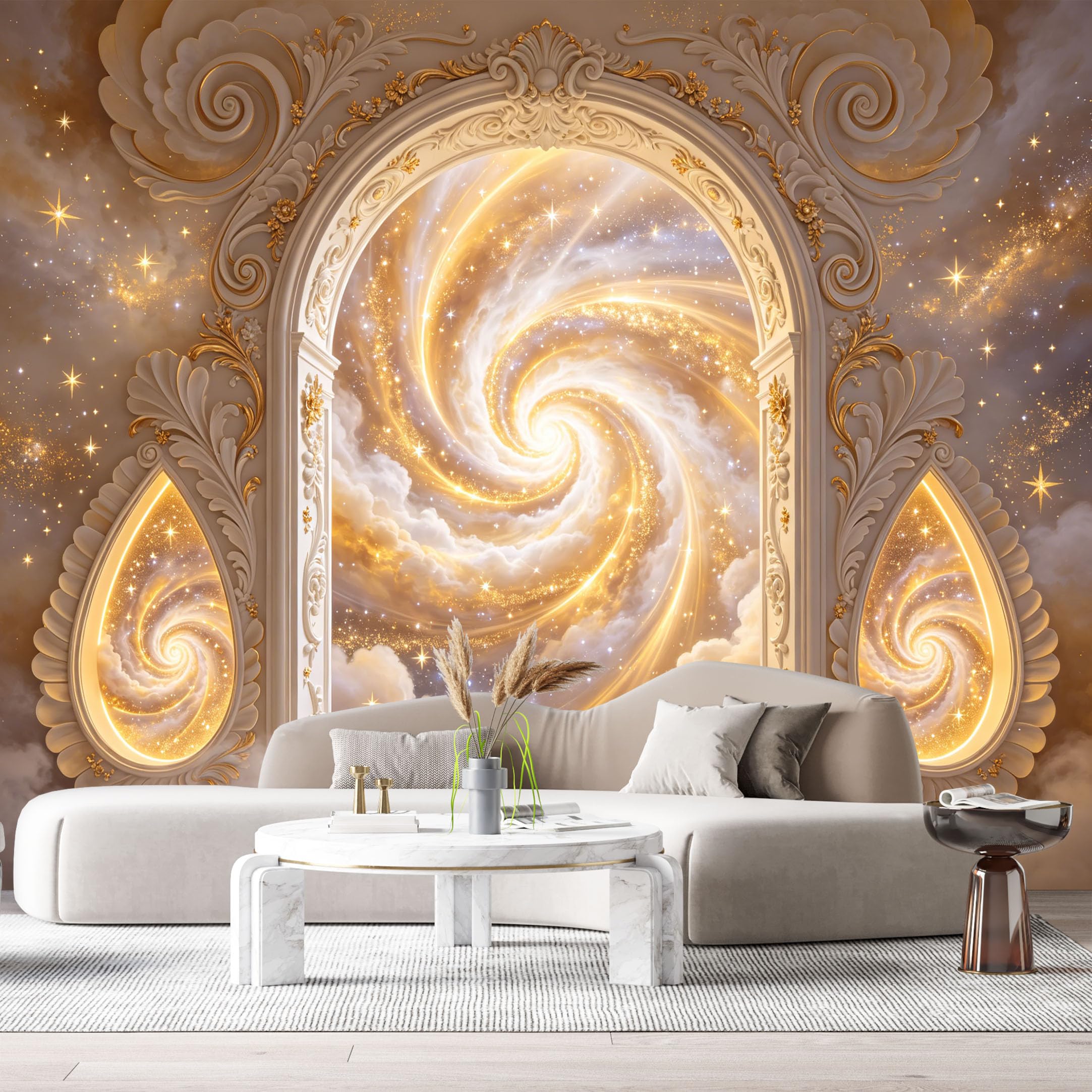 Custom Size Wall Murals Celestial Archway Gold Nebula Portal 3D Trompe L'Oeil SelfAdhesiveWall Fabric Removable Wallpaper Wall Decor for Living Room Bedroom Bathroom