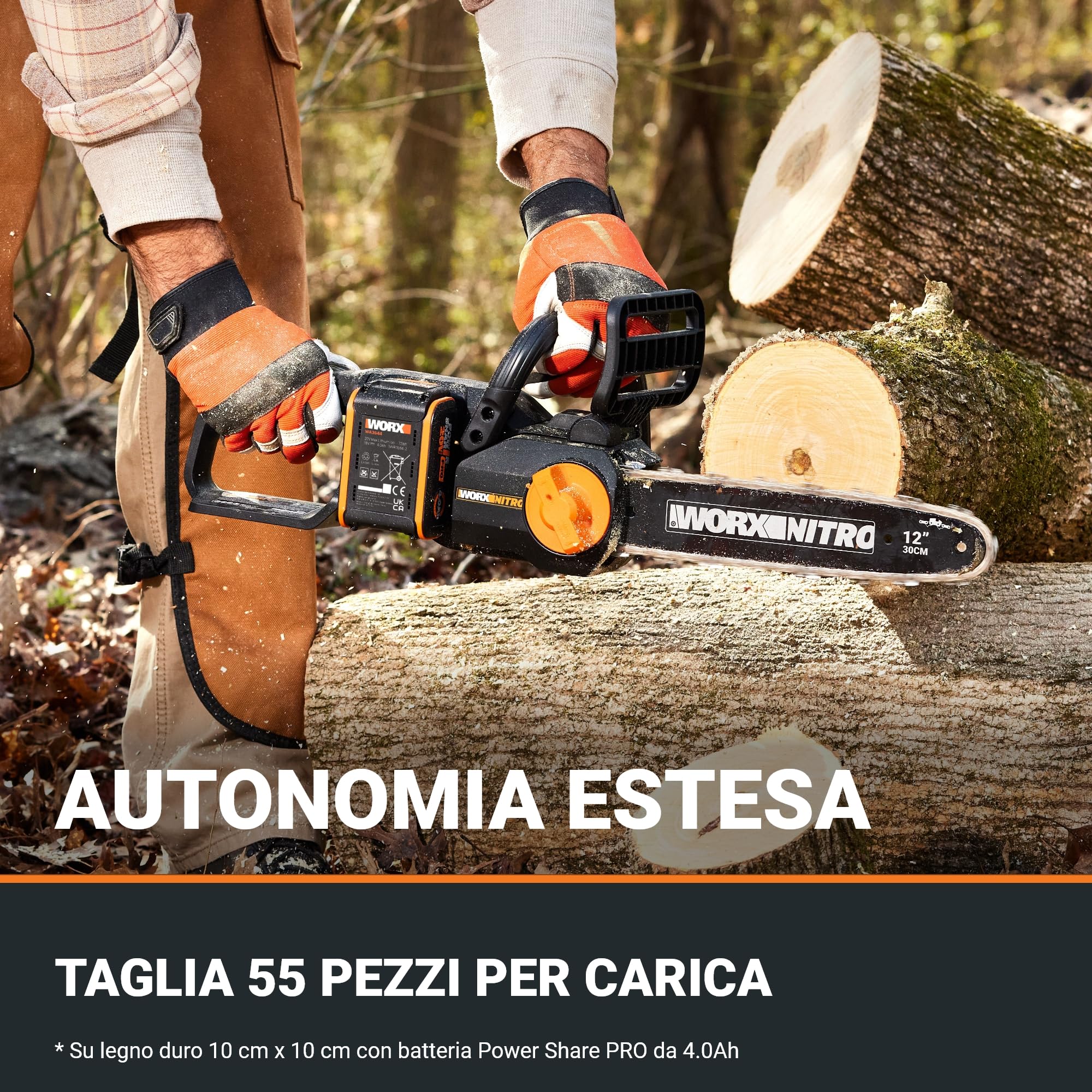 WORX Nitro WG350E motosega a batteria 20 V – potente sega per legno – 10 m/s – lunghezza di taglio 30 cm – compatta e sicura – lubrificazione automatica