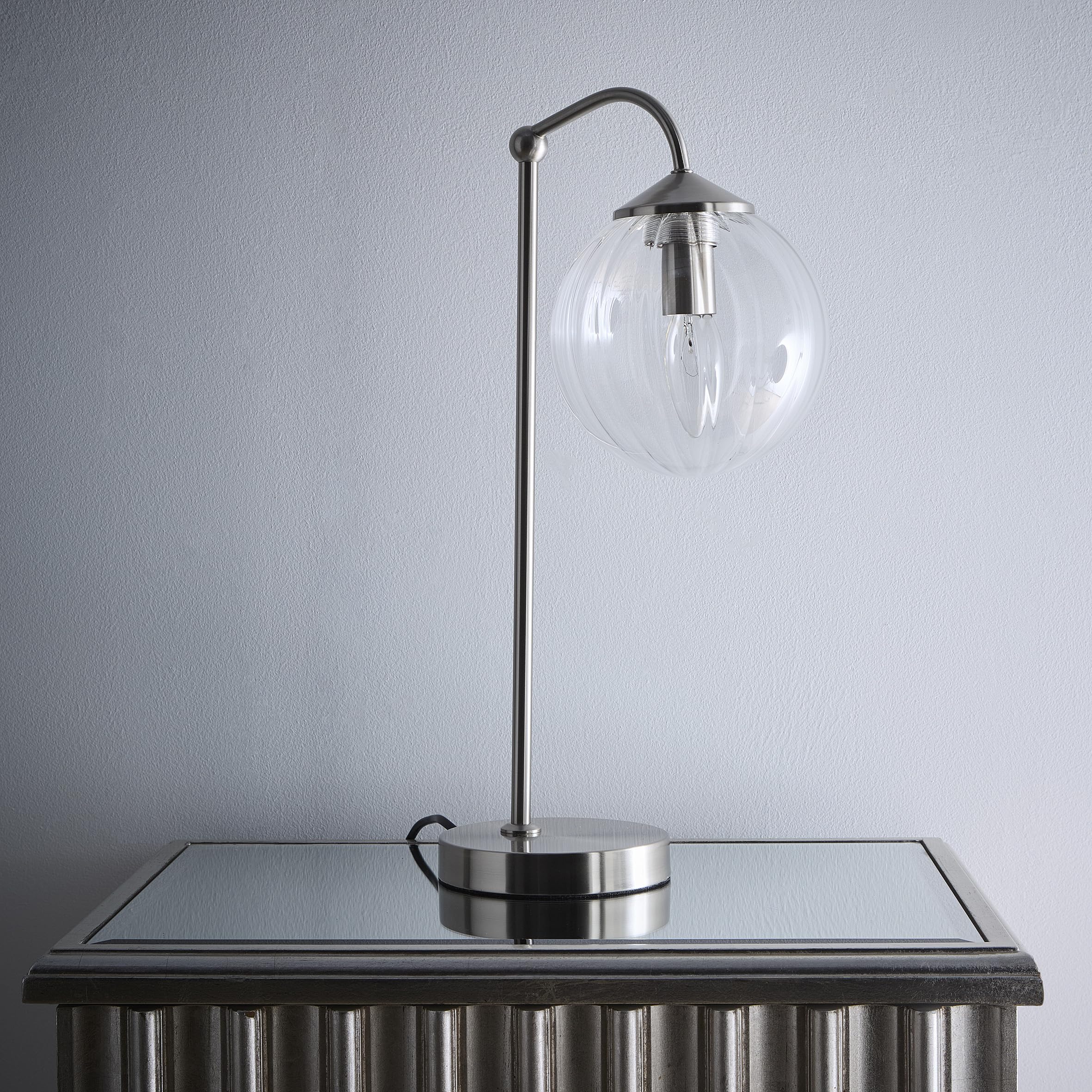 K Living Bianca Satin Nickel Table Lamp Ribbed Clear Glass Silver One