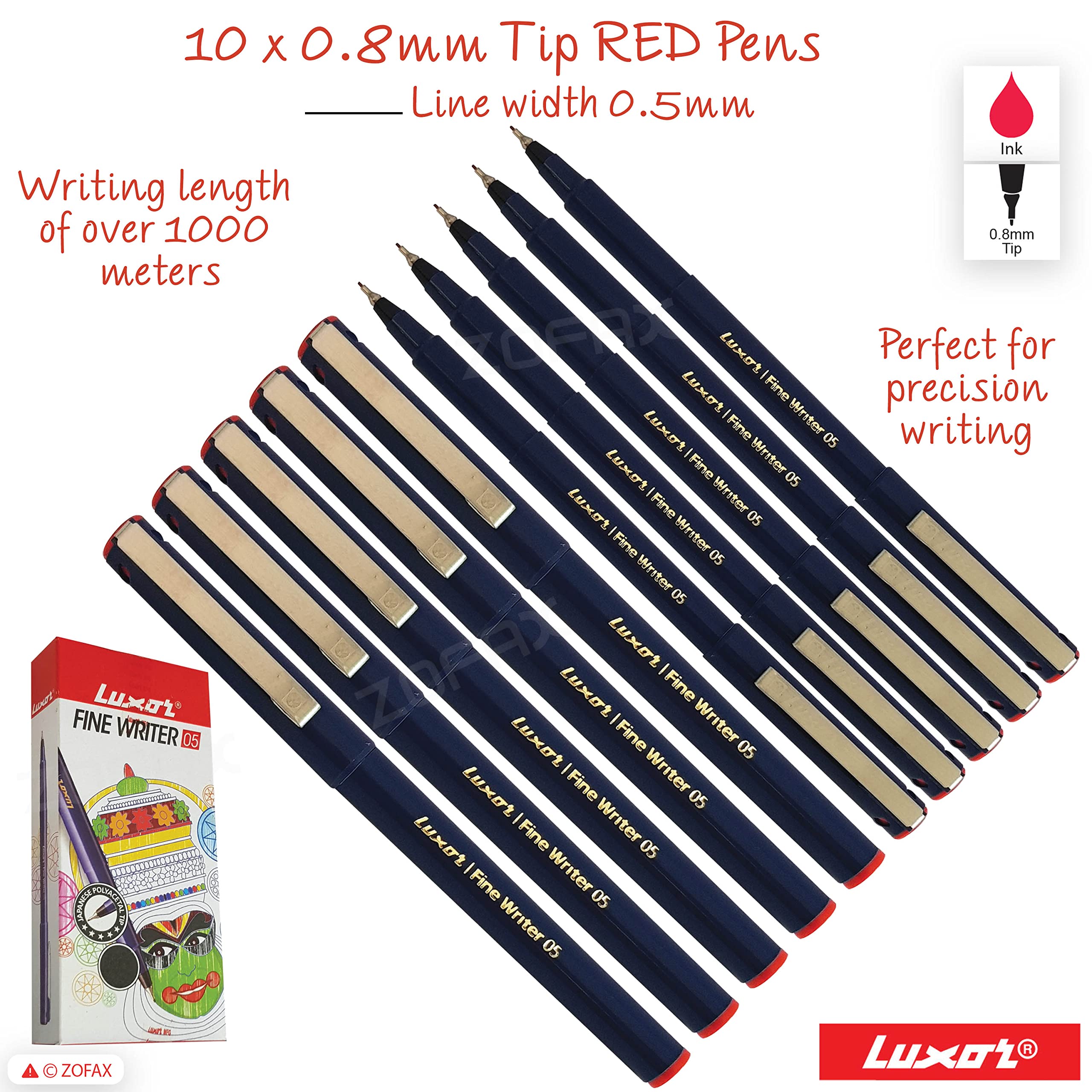 Write05 Fineliner Pens, RED, 0.5mm Ultra Fine Tip, Pack of 10, Precise Writing, Write Sign Draw Colour Pens - Image 2