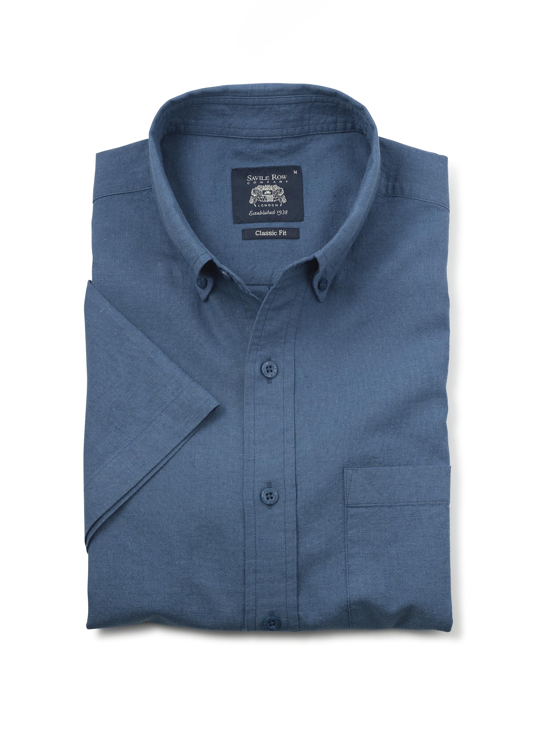 The Savile Row Company London Men's Denim Blue Classic Fit Linen-Cotton Blend Short Sleeve Casual Shirt - Large