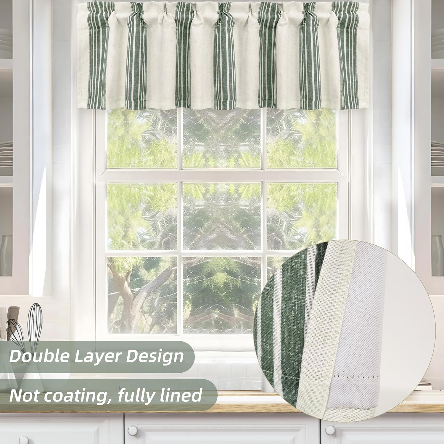 DriftAway Chris Linen Lined Valance Double Layer Thermal Insulated Room Darkening Blackout Valances 3 Inch Rod Pocket Vertical Striped Kitchen Valance for Bathroom 52 Inch by 14 Inch Loden Green