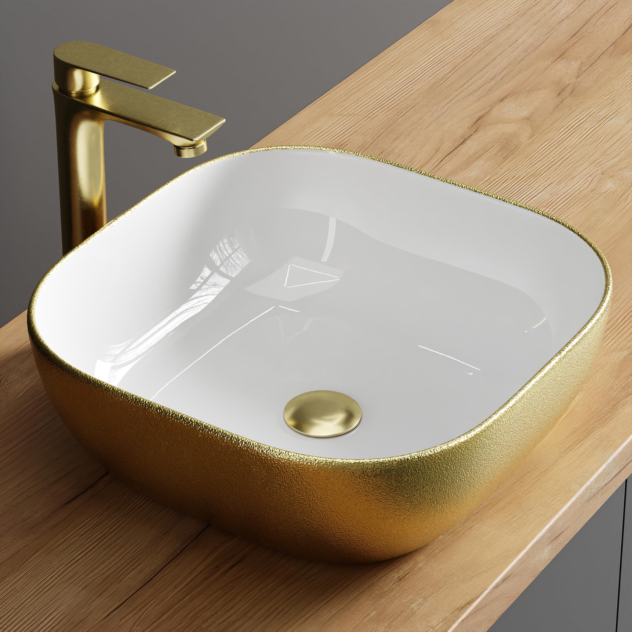 Planetmöbel Aquil Deluxe Lavabo ovale, à poser, pour salle de bain et WC d'invités, sans trou de robinetterie et trop-plein, doré, blanc, 42,5 x 42,5 x 14 cm