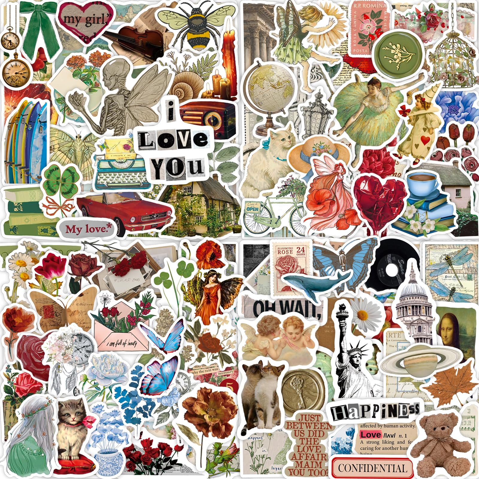 Vintage Stickers 200 Pcs Cute Aesthetic Retro Sticker Pack, Waterproof Vinyl Stickers for Water Bottles Laptop Scrapbooking Journaling MacBook Suitcase Guitar Notebook Diary Skateboard Scooter etc