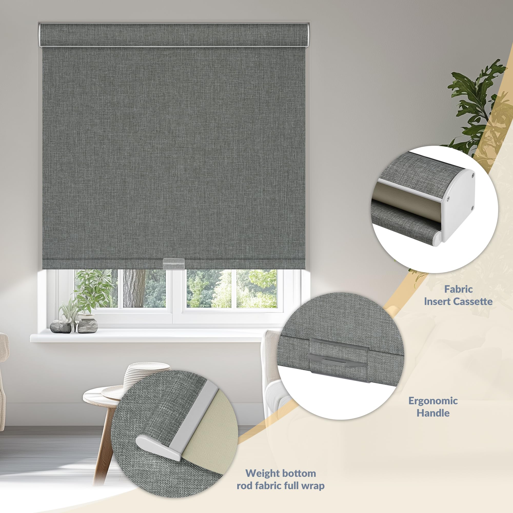 Blackout Roller Shades for Windows,Cordless,Pull Down Roller Blinds,Thermal Insulated Linen Fabric UV Protection,Window Shades Blinds for Home,Door,Easy to Install,Blackout-Grey,Customize Now