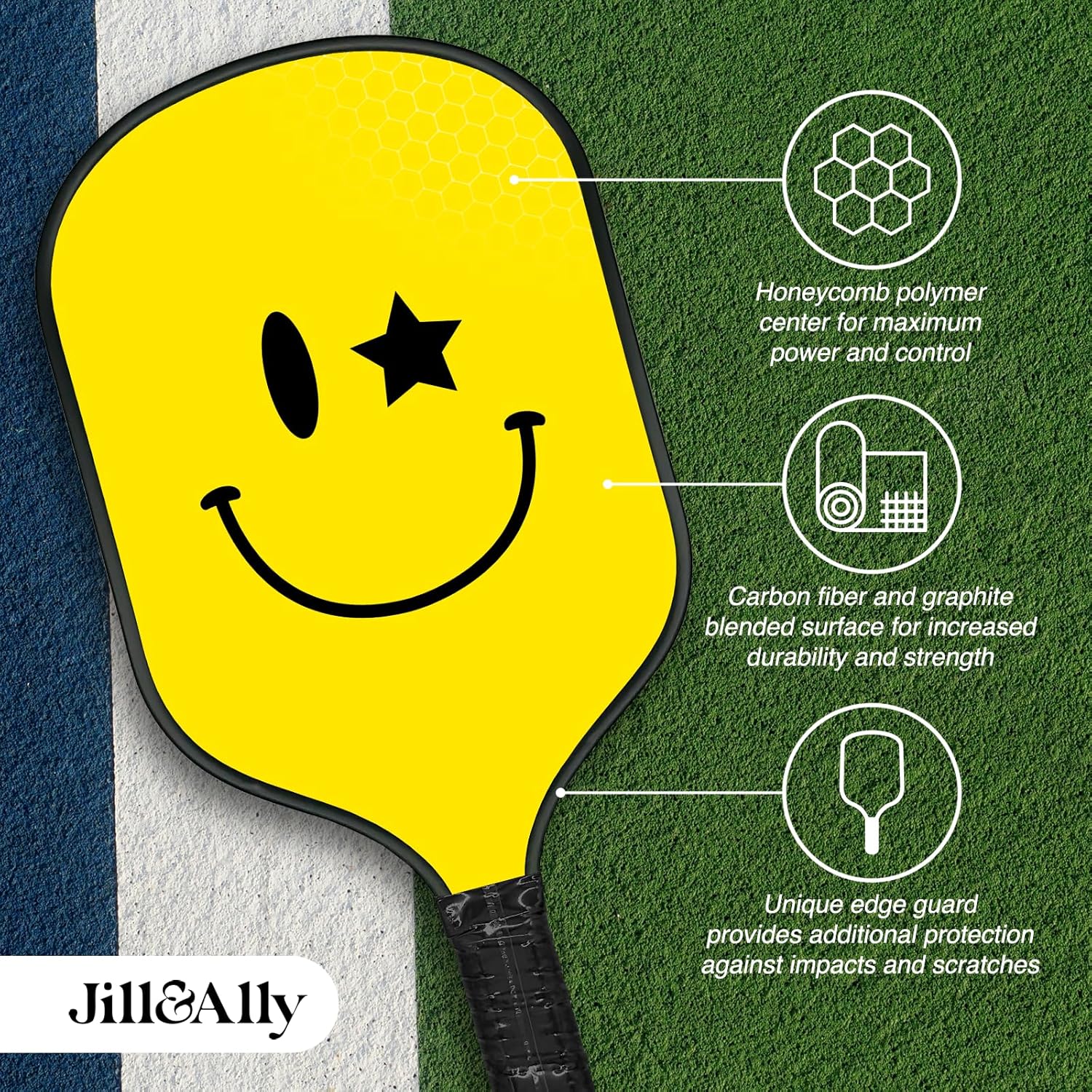 Jill & Ally Smiley Face Pickleball Paddle, Carbon Fiber Materials, 16.5” x 7.5", Extra Long Handle, Vegan Leather PU Grip, Unique Edge Guard All Skill Levels