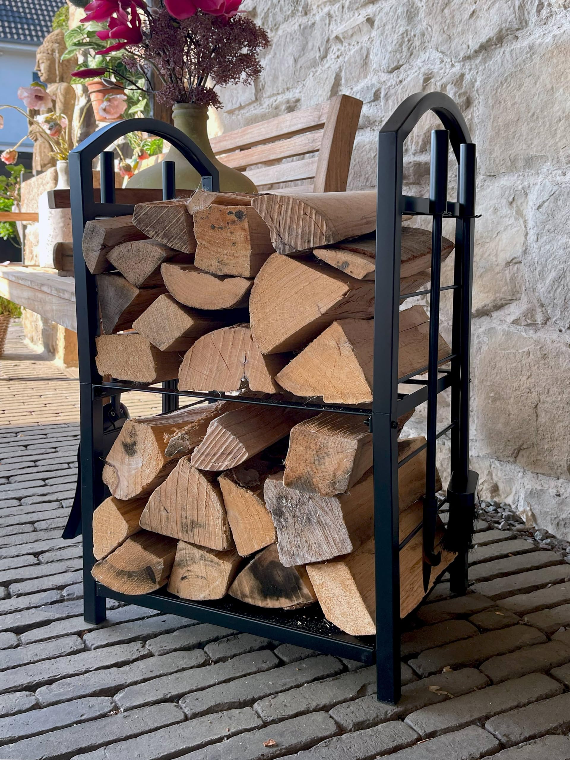 Scaffale in metallo per legna da ardere 45x30x74 cm per interni con pala pinza
