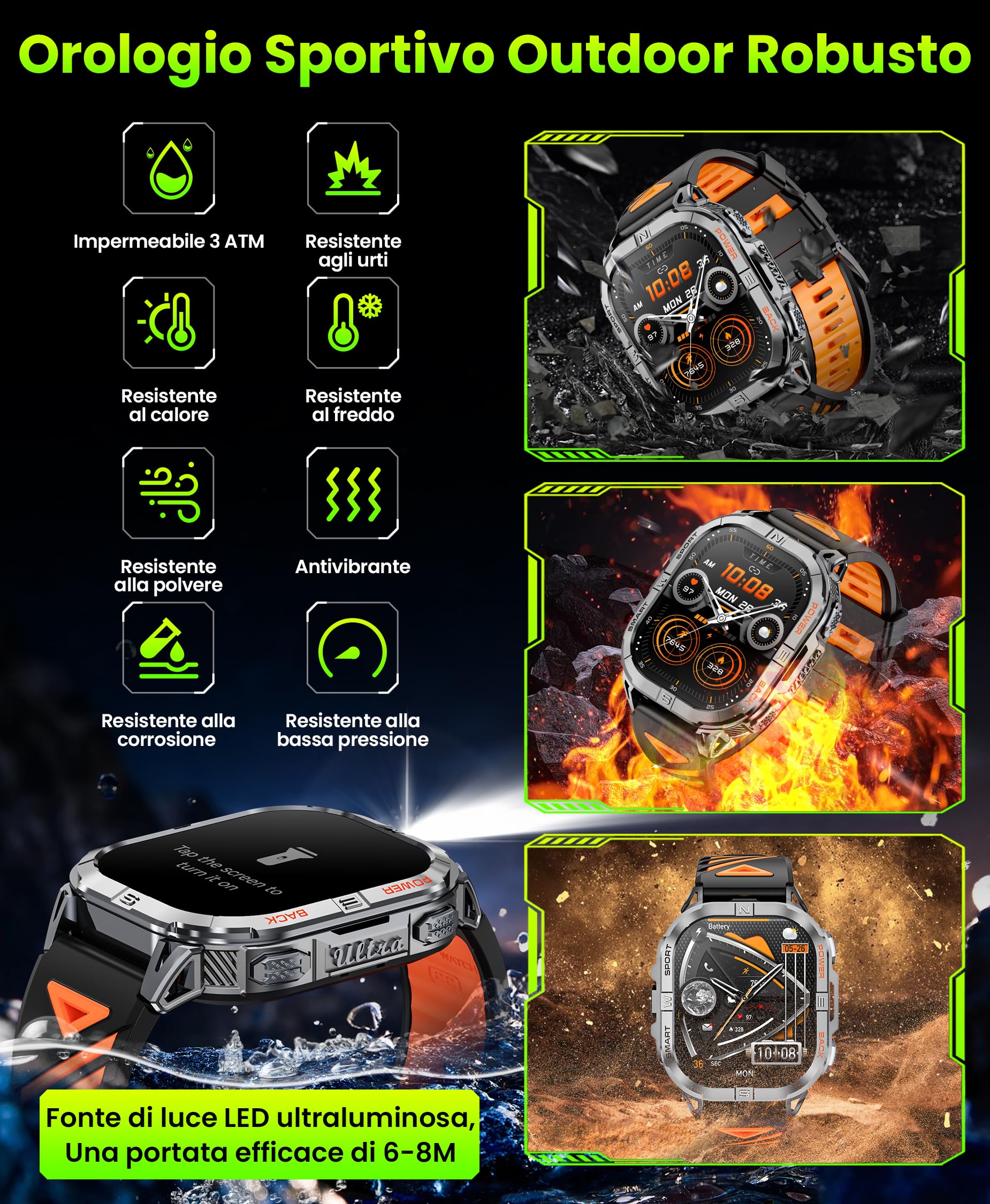 Joautrial GPS Smartwatch Uomo, 2,13" AMOLED Militare Orologio con LED Torcia, Bussola,100+ Modalità Sportive, Monitoraggio della Salute, Chiamate Bluetooth per Android iOS (Nero)