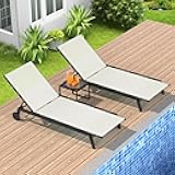 YITAHOME Outdoor Chaise Lounge Chairs Set of 3, Pool Loungers with Side Table, 5-Position Adjustable Backrest,Textile Fabric, and Wheels for Pool Beach Patio Lawn Porch - Beige