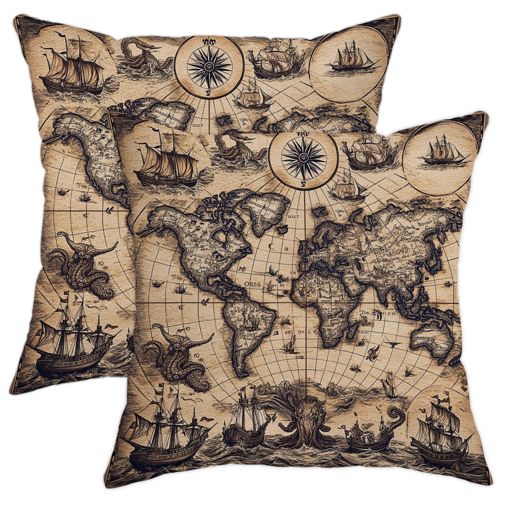 Vintage World Map Throw Pillow Covers Set of 2, Nautical Antique Oceanic Decor Cushion Cases, Home Sofa Couch Accents Pillows for Travel Lovers 12x12 Inch